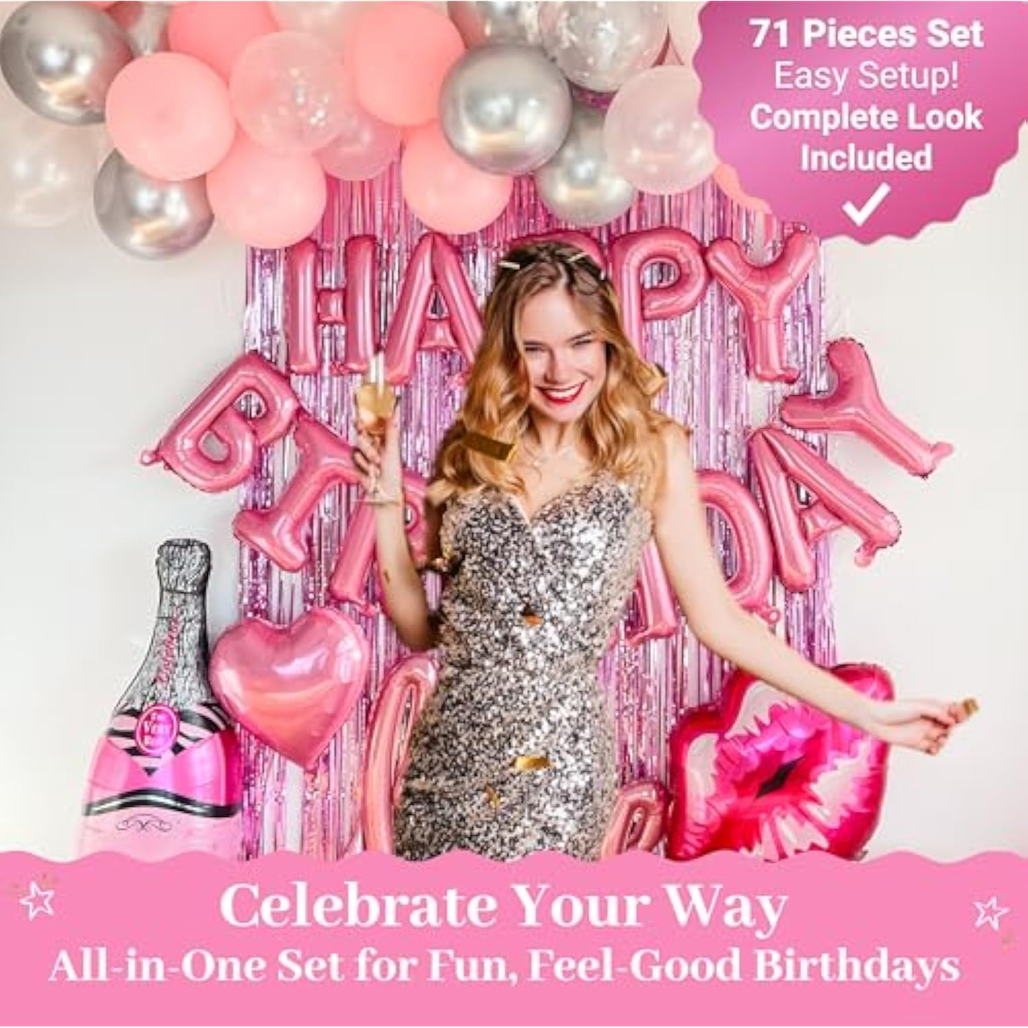Vidal Crafts Pink Birthday Decorations – 71-Piece Happy Birthday Decorations With Latex, Foil & Confetti Balloons, Happy Birthday Banner & Foil Fringe Curtains For Fun Birthday Parties