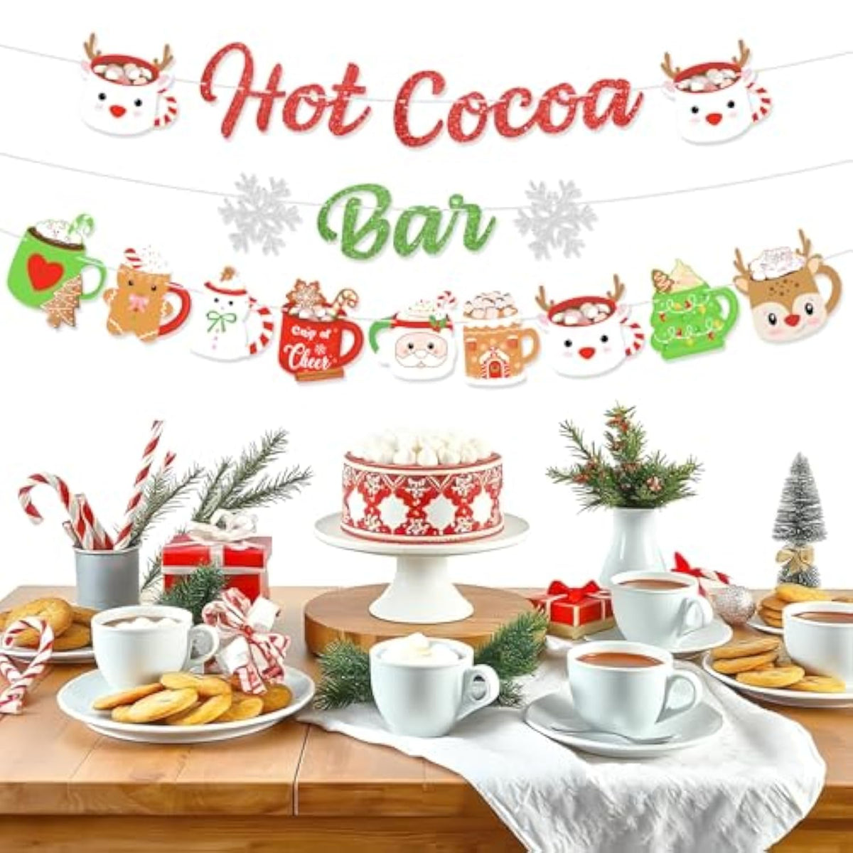 Christmas Hot Cocoa Bar Banner with Glitter Winter Snowman Decorations