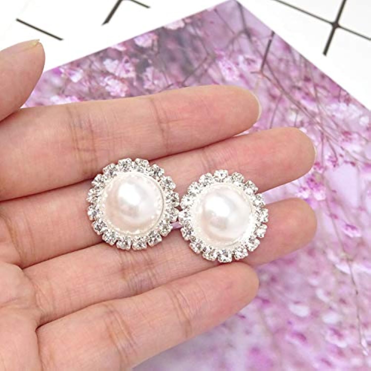 10Pcs 20Mm Round Rhinestone Faux Pearl Buttons Embellishments - Sew On