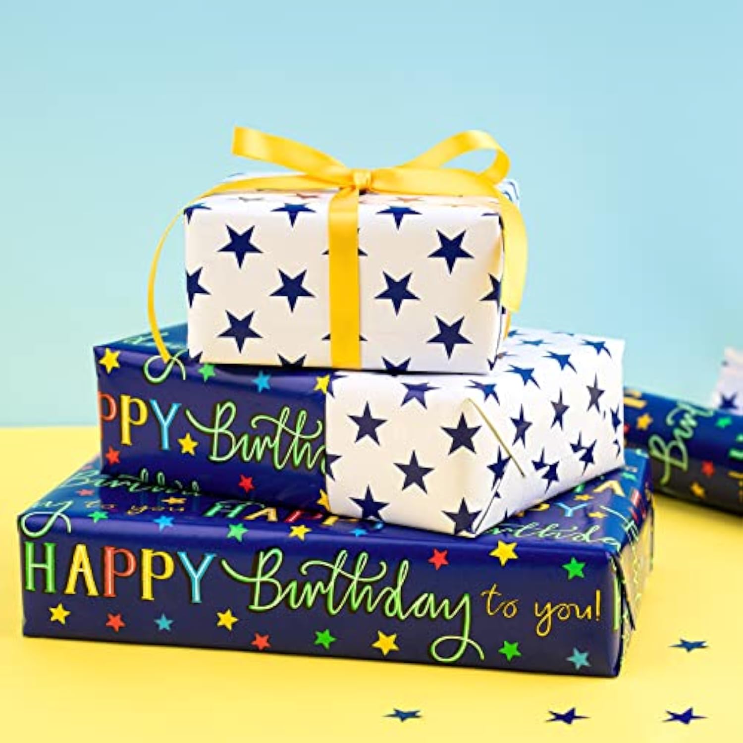 Reversible Birthday Wrapping Paper - Mini Roll - 17 Inch X 33 Feet - Blue Star Happy Birthday Wrapping Paper For Men, Adult, Boy, Baby Shower, Holiday