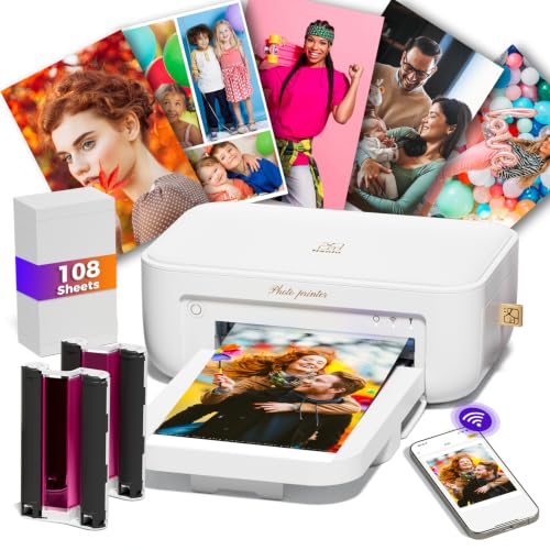 Photo Printer 4X6 With 108 Sheet Photo Paper& 2 Ribbon, Instant Picture Printer For Iphone, Smartphone, Thermal Dye Sublimation, Wi-Fi Connnecting, Home Use, White