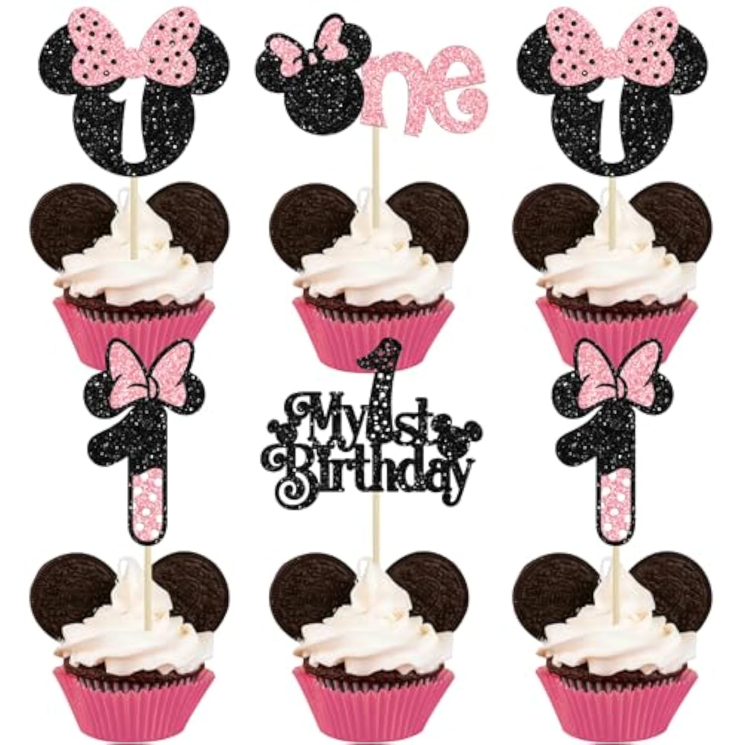 24Pcs Mouse 1St Birthday Cupcake Toppers, Pink Bow Mini First Birthday Cake Decorations Mouse One Cupcake Picks For Baby Shower 1St Birthday Party Decors Black Pink