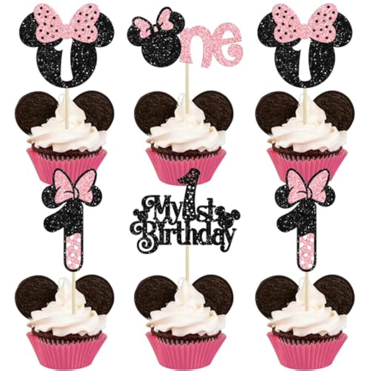 24Pcs Mouse 1St Birthday Cupcake Toppers, Pink Bow Mini First Birthday Cake Decorations Mouse One Cupcake Picks For Baby Shower 1St Birthday Party Decors Black Pink