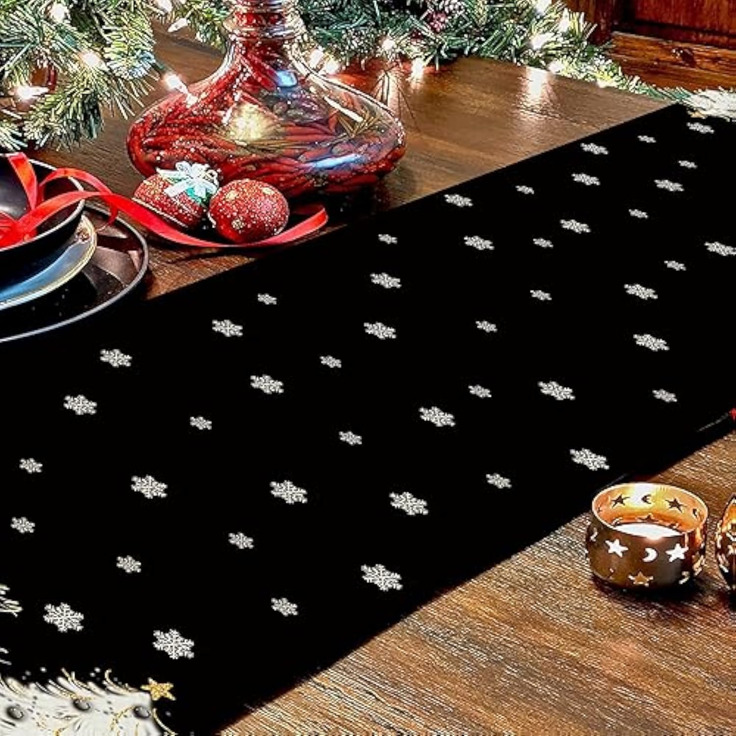 Christmas Table Runner Xmas Golden Tree Star Snowflake Black Merry Christmas 13 X 108 Inch Long Runners Winter Holiday Home Kitchen Table Decor