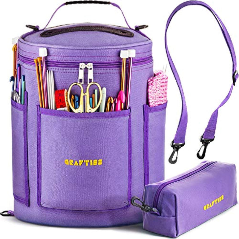 Knitting Bag Yarn Storage - Mother'S Day Gift - Puprle Durable Canvas Yarn Bag For Crochet Accessories - Yarn Organizer Crochet Bag With Knitting Accessories Case