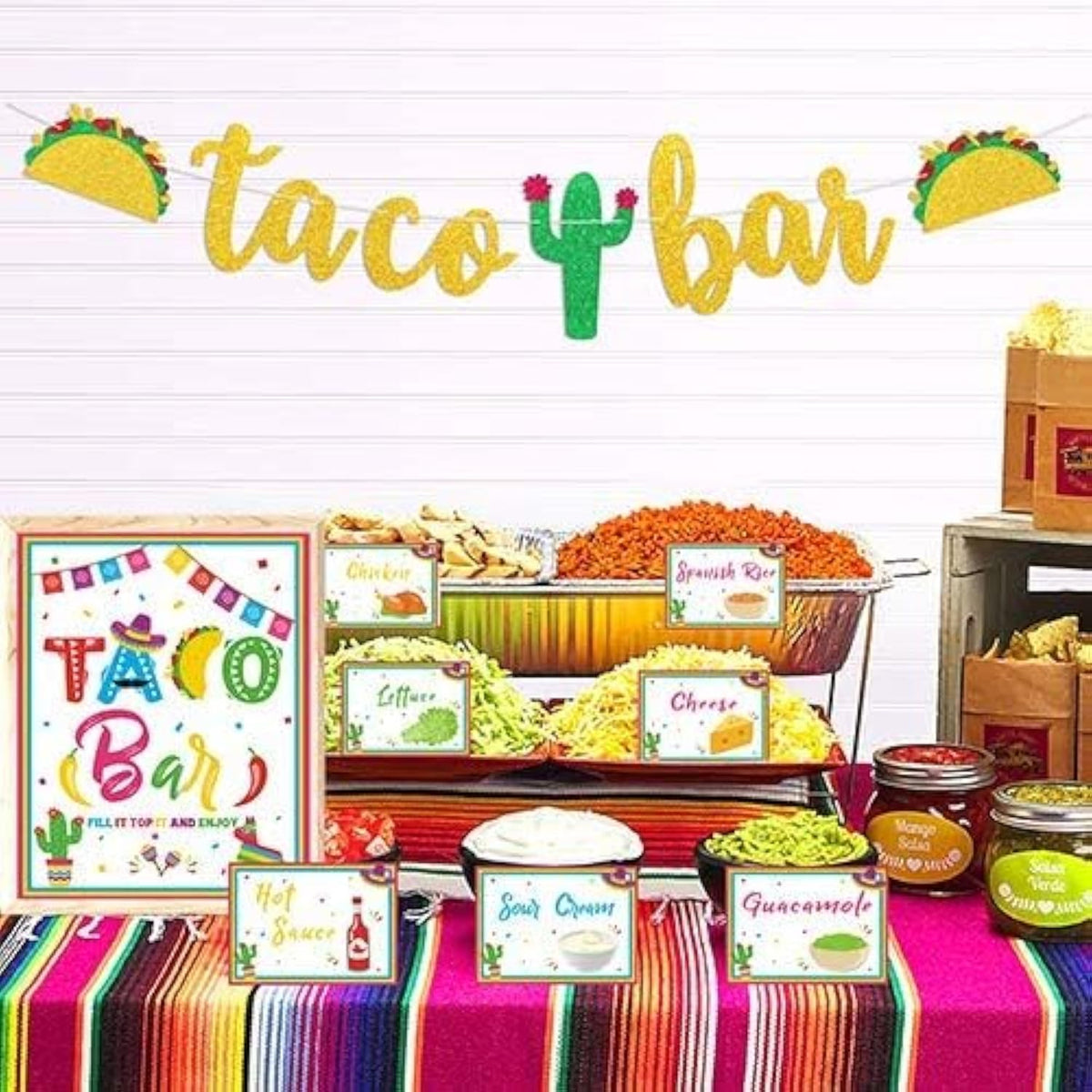 Taco Bar Decoration Kit - Banner Sign Tents Garland For Fiesta Mexican Cinco De Mayo Themed Party Bachelorette Bridal Shower, Housewarming