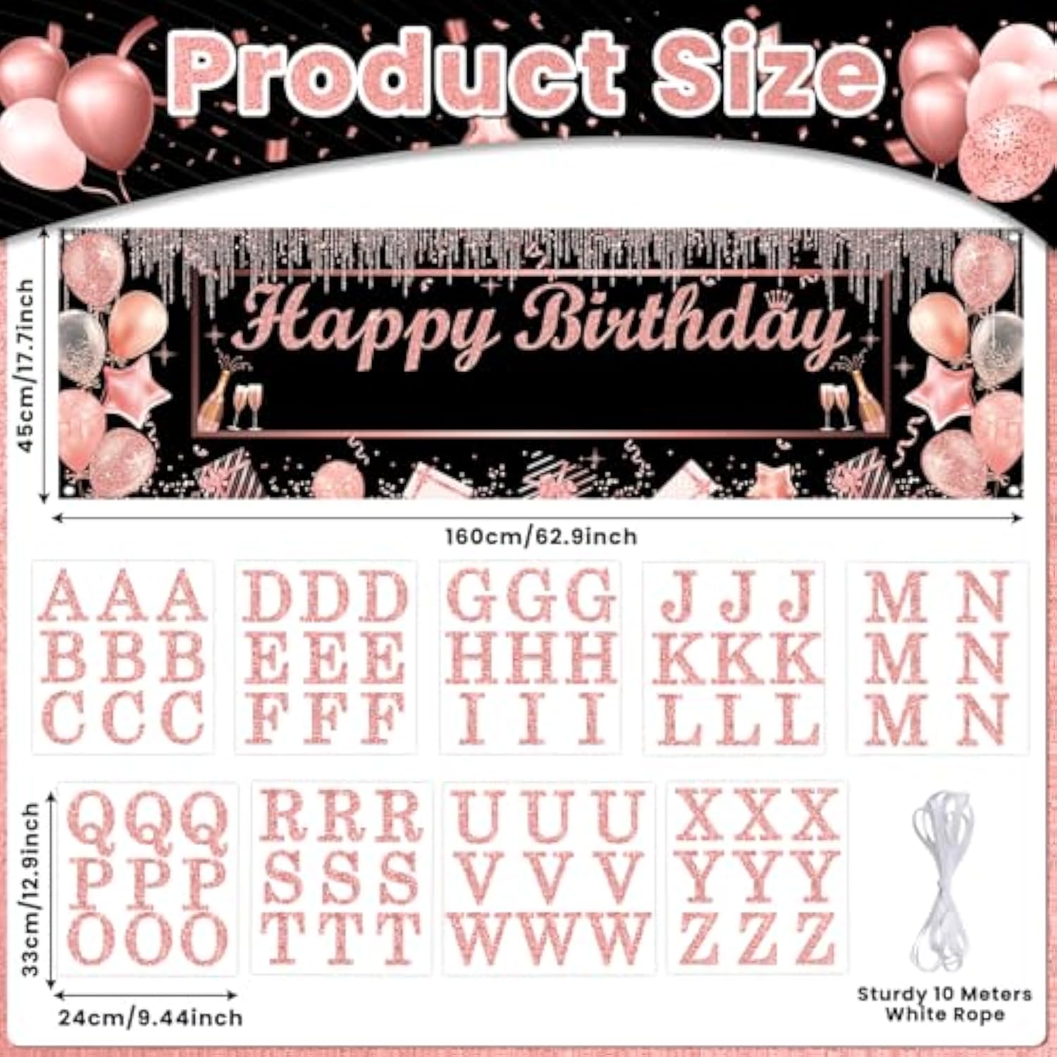Personalized Birthday Banner Happy Birthday Party Decor Custom Diy Rose And Gold Black Birthdays Backdrop With Name Alphabet Letter Sticker Happy Birthdays Sign Party Supplies For Men Women