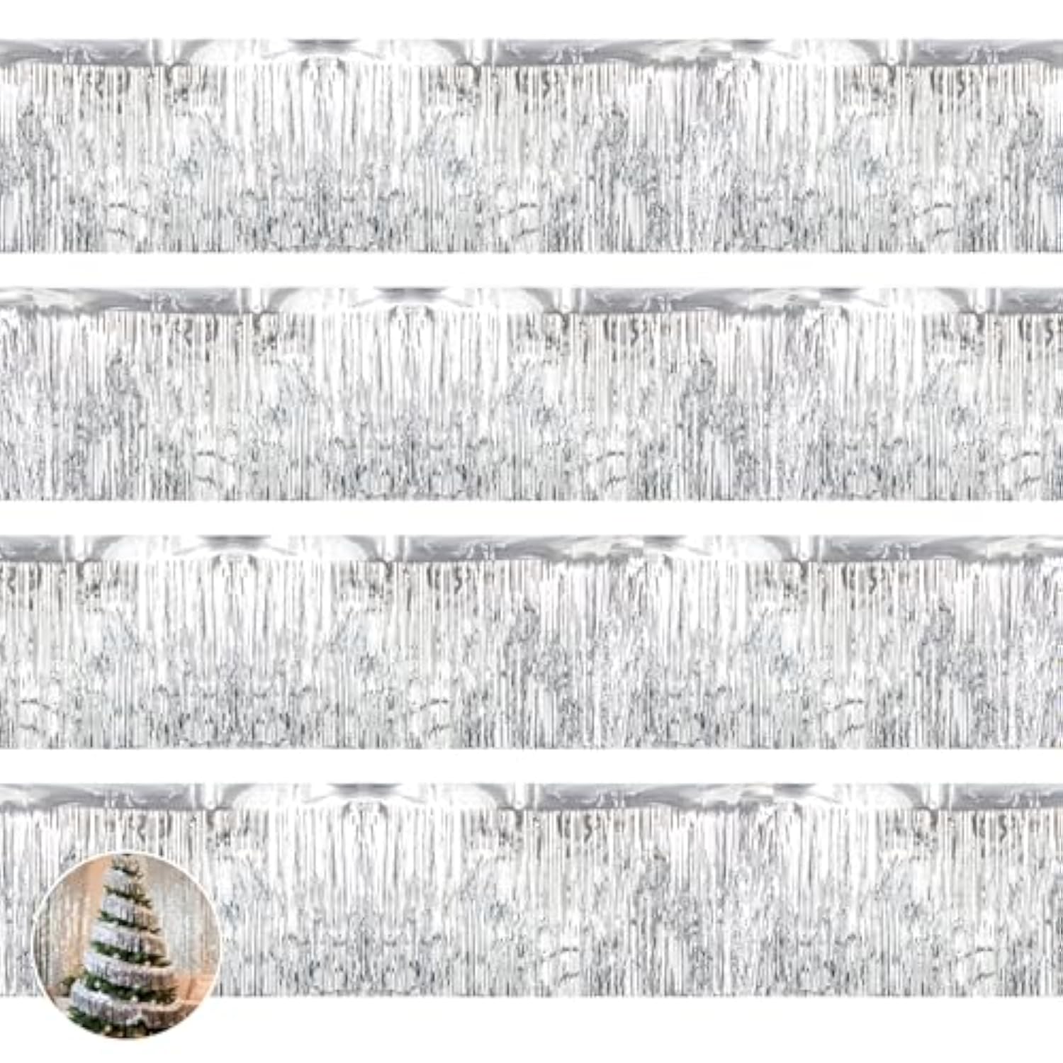 Silver Tinsel Garland - 4 Pack Icicles Strands, Metallic Foil Fringe Fashioned Silver Icicles For Party Christmas Tree Decorations, Shiny Mylar, Hang With Ornaments Decor(Each 118X11.8In)
