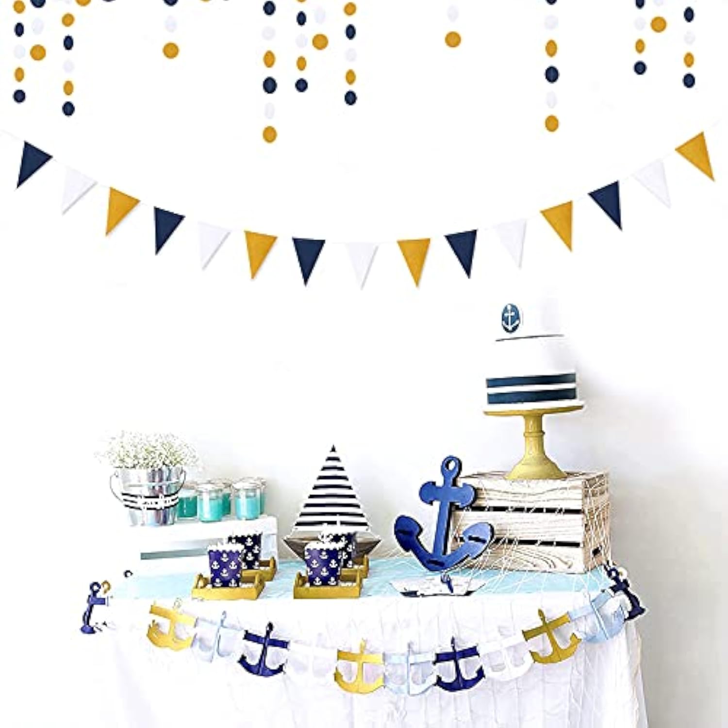 Navy-Blue White-Gold Party Decorations Banner - 2 Pack Men Birthday Graduation 2025 Glitter Sprinkles Paper Pennant Triangle Flags, Fathers Day Wedding Baby Bridal Shower Bunting