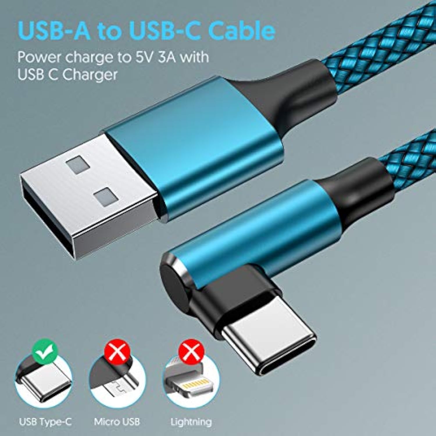Usb C Cable, Right Angle Type C Charger [2-Pack 10Ft], Durable Nylon Braided Usb A To Type C Charger Cable For Iphone 15/15 Pro/ 15 Plus/ 15 Pro Max, Samsung Galaxy S23 Ultra S22 S21 (Cyan)