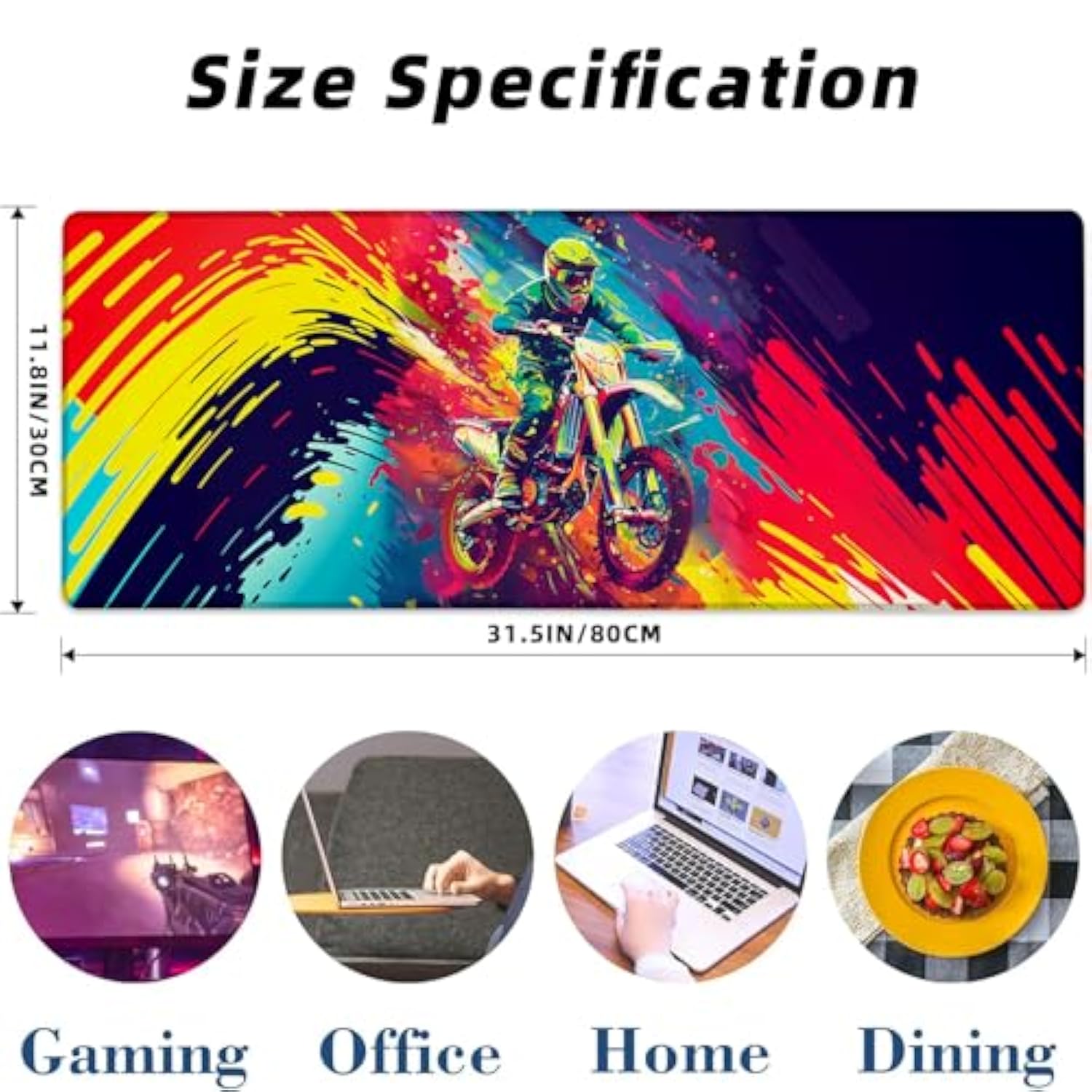 Motocross Rider Gaming Mouse Pad, Colorful Abstract Mousepads For Gaming Home Office Work, Extended Mats Computer Keyboard Laptop, 31.5×11.8 Inch Large Desk Mat With Non-Slip Rubber Base