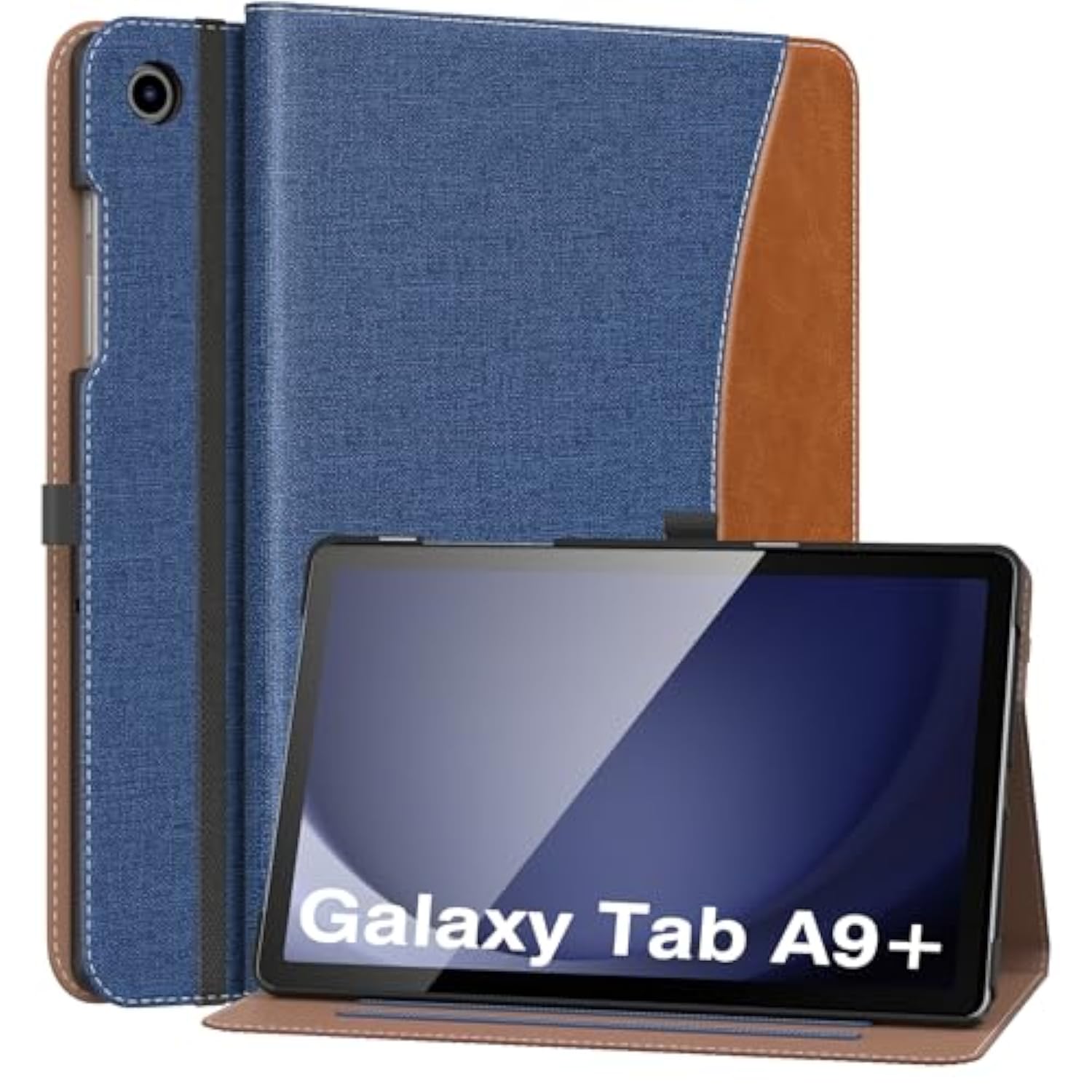 Moko Case For Samsung Galaxy Tab A9 Plus 11" 2023 (Smx210/Smx216/Smx218), Pu Leather Multiangle Viewing Folding Stand Cover Case With Hand Strap, Front Pocket, Auto Wake/Sleep, Denim Blue & Brown