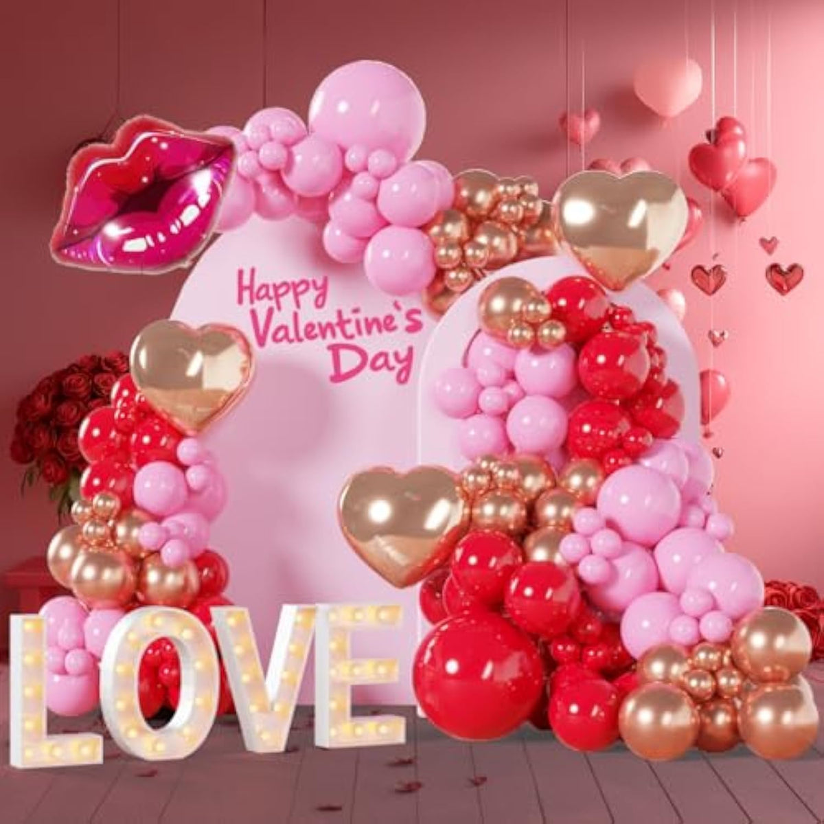 134Pcs Valentine'S Day Balloon Arch Garland Kit - Red Pink Metallic Rose Gold Balloons With Heart-Shaped And Red Lip Balloons For Valentine Decorations, Party, Birthday, Anniversary Decor
