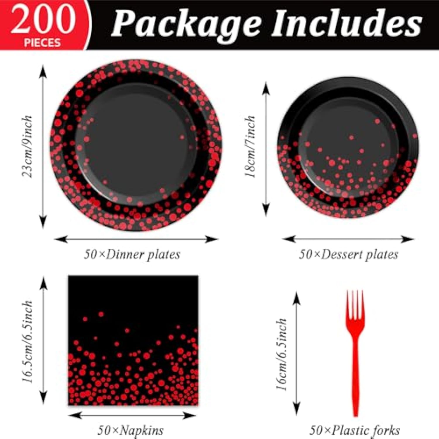 50 Guests Red And Black Birthday Party Supplies Set Red Dot On Black Disposable Plates Napkins Red And Black Tableware Set Party Papaer Dinnerware For Birthday Graduation Wedding Decorations 200Pcs
