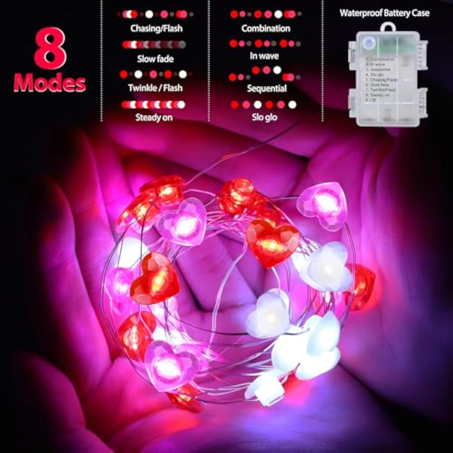 Valentines Decor 10Ft 30 Led Valentine'S Lights With Timer, Red Pink White Heart Lights String Battery Operated, 8 Modes Valentines Decorations Heart Fairy Lights Romantic Decor Home Bedroom