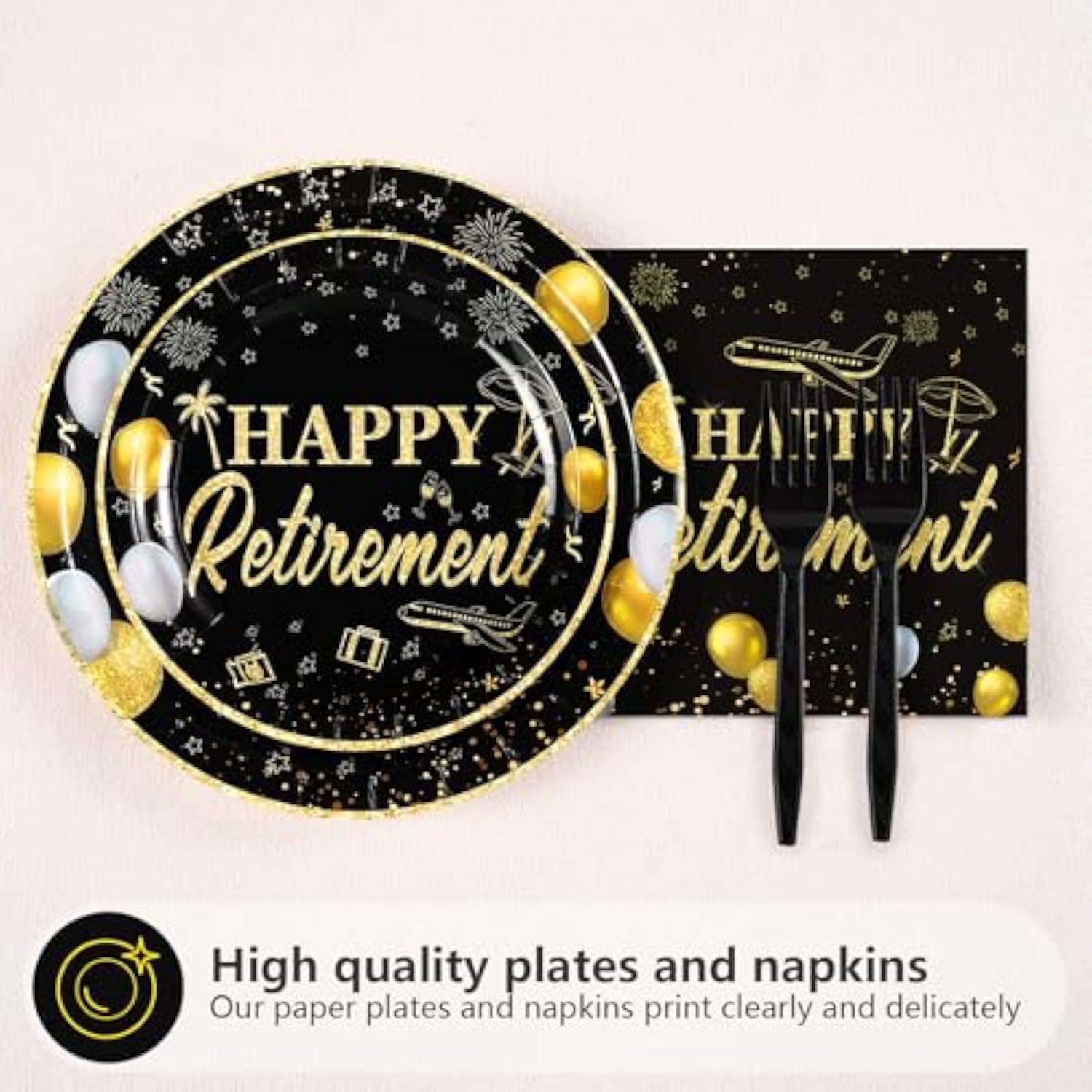 96Pc Black Gold Retirement Party Supplies Plates Napkins Tableware Set