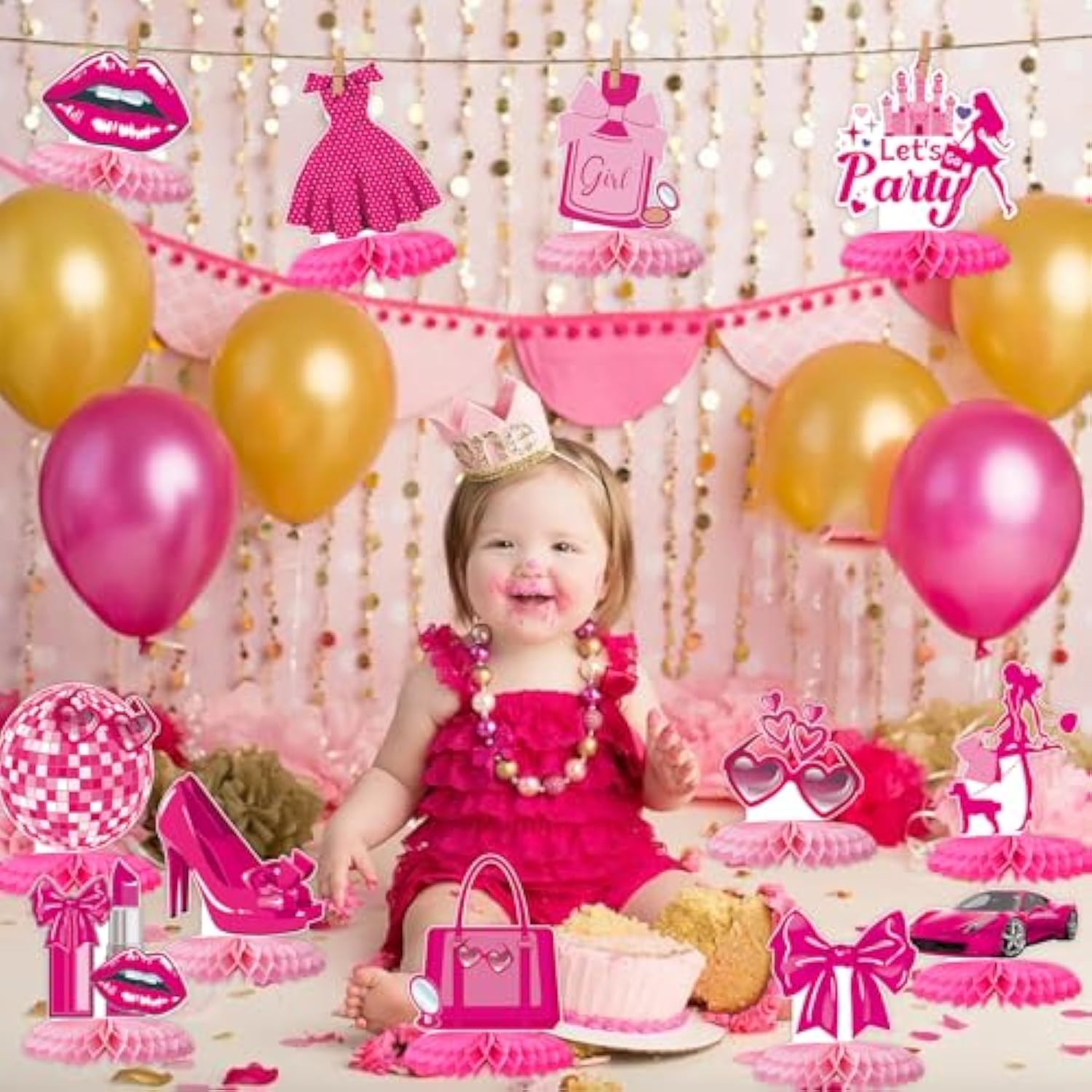 12 Pack Pink Honeycomb Centerpieces, 3D Girl Theme Table Decor for Birthday Party