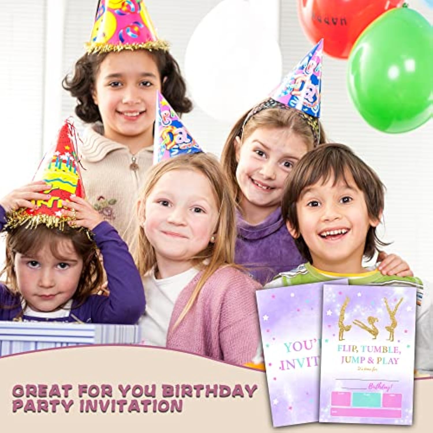 Gymnastics Birthday Invitations For Kids, Gold Glitter Birthday Party Invitation Cards, Jump Tumble And Play Party Celebration Supplies Decoration -20 Fill In Invitations With Envelopes (B17)