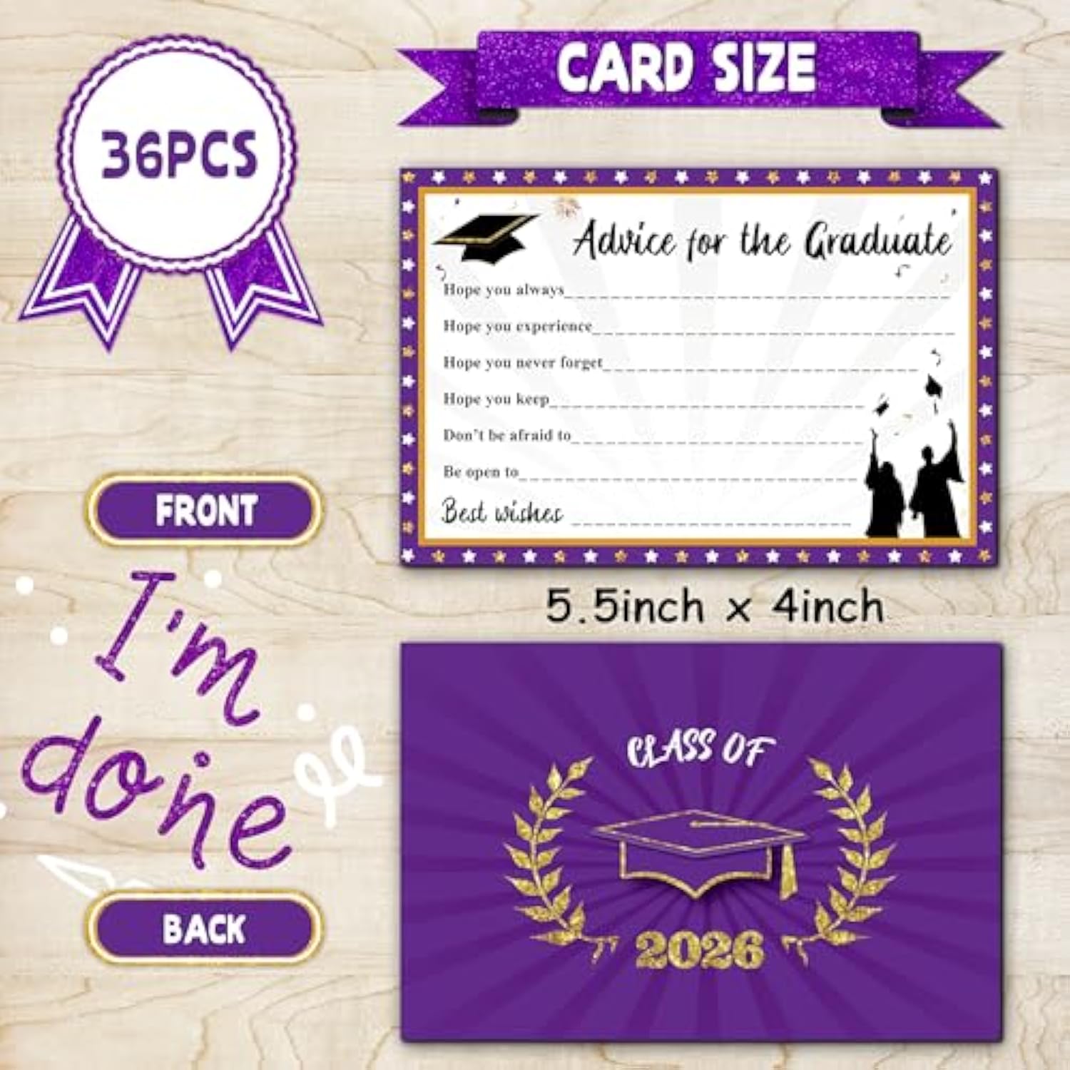 Graduation Wish Cards With Purple And Gold Graduation Card Holder Box - 36Pcs Class Of 2026 Graduation Advice Cards And 2026 Congrats Grad Card Box For Graduation Party Decoration Purple