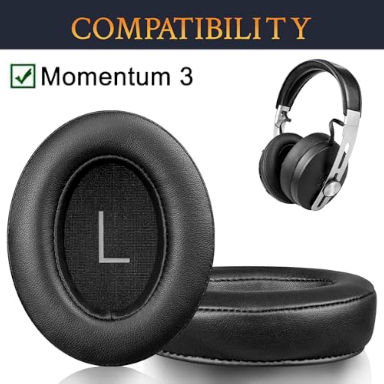 Lambskin Earpads Replacement For Sennheiser Momentum 3 Wireless Noise Cancelling Over/Around-Ear Headphones, Ear Pads Cushions With Soft Noise Isolation Memory Foam - Black