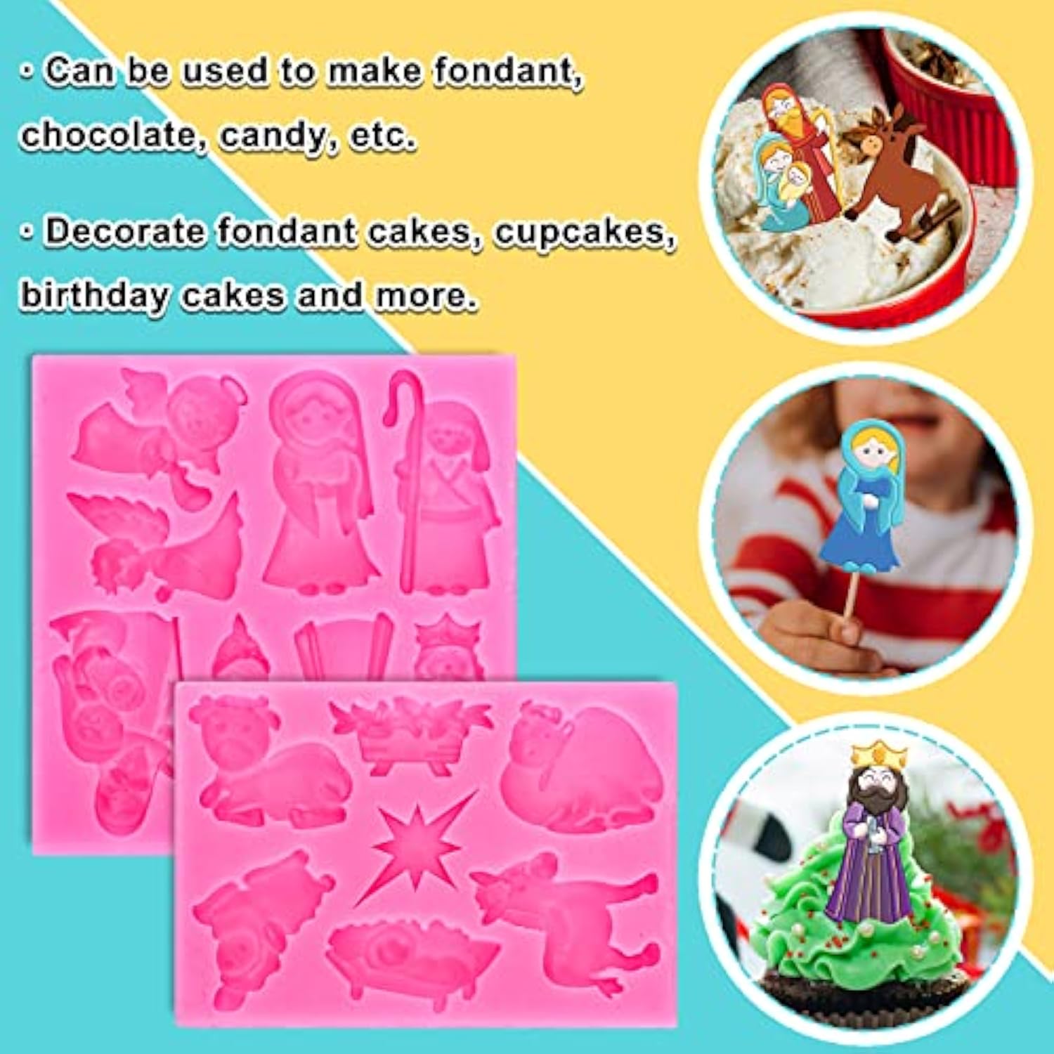 2Pcs Christmas Fondant Molds Nativity Silicone Moulds Night Of Birth Resin Baking Molds Jesus' Birth Theme Cake Decorating Molds For Xmas Handmade Diy Candy Chocolate Cookie Sugarcraft