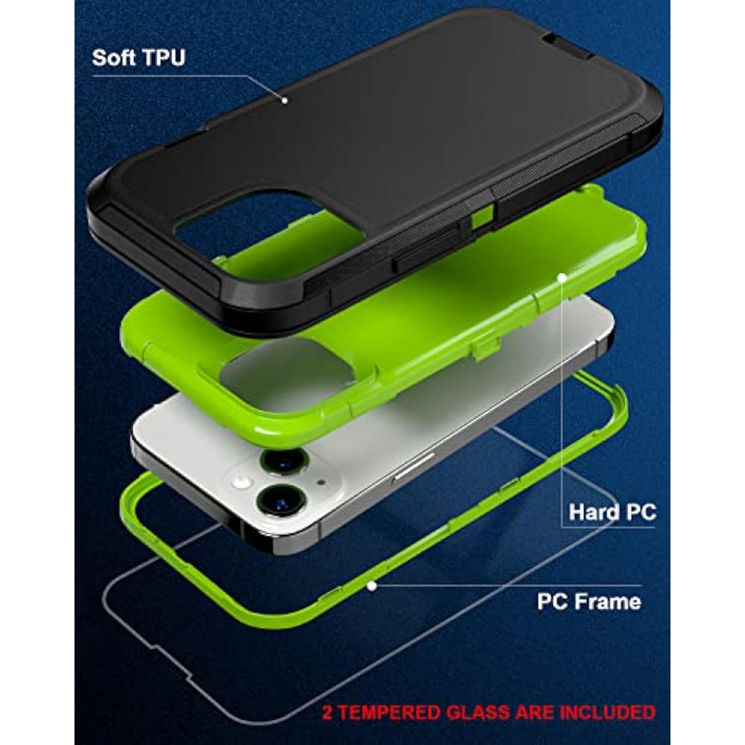 For Iphone 13 Case (6.1"), With 2 Tempered Glass Screen Protector [Heavy Duty Military-Grade Full Body Drop Protection] Shockproof Tough Durable 6.1 Inch?Blackgreen?