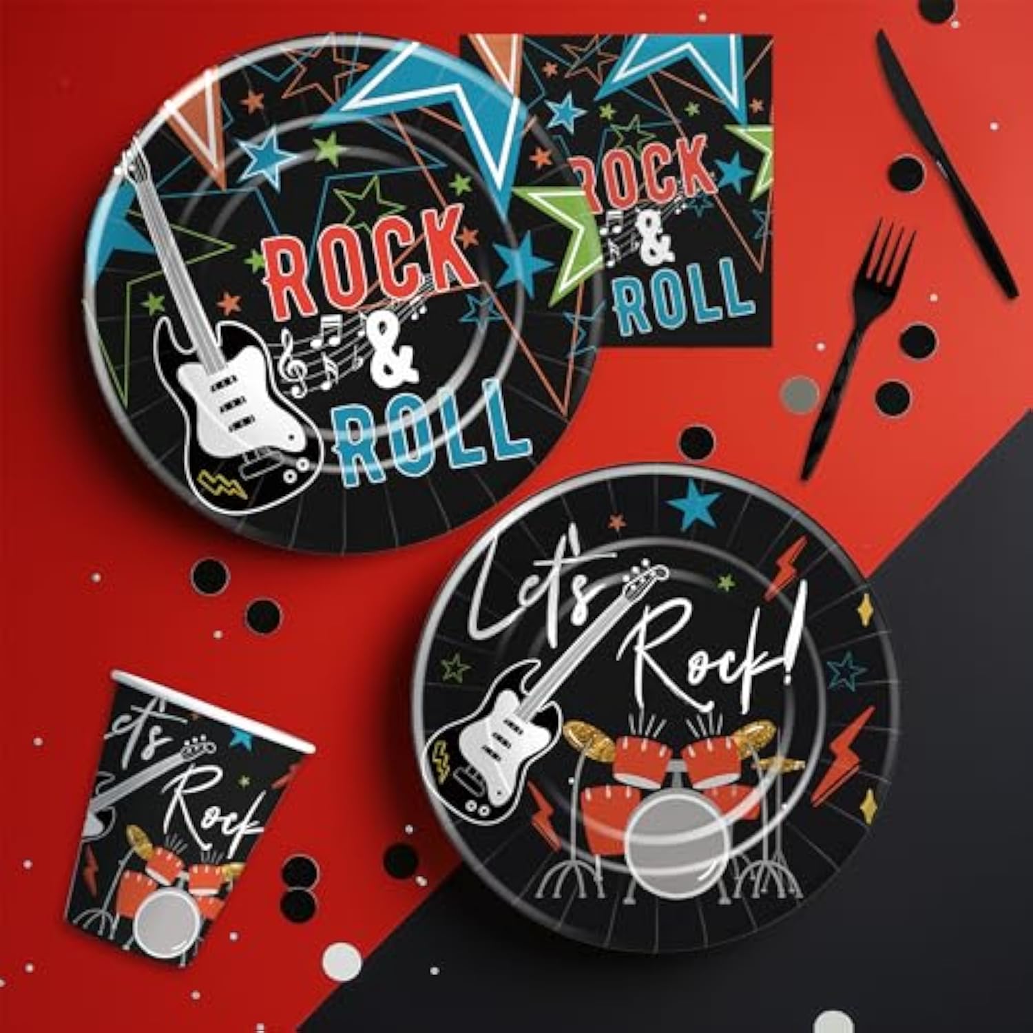 Rock And Roll Party Decorations Tableware - Rockstar Guitar Theme Rock N Roll Music Birthday Party Supplies, Paper Plate, Cup, Napkin, Disposable Cutlery | Serves 24