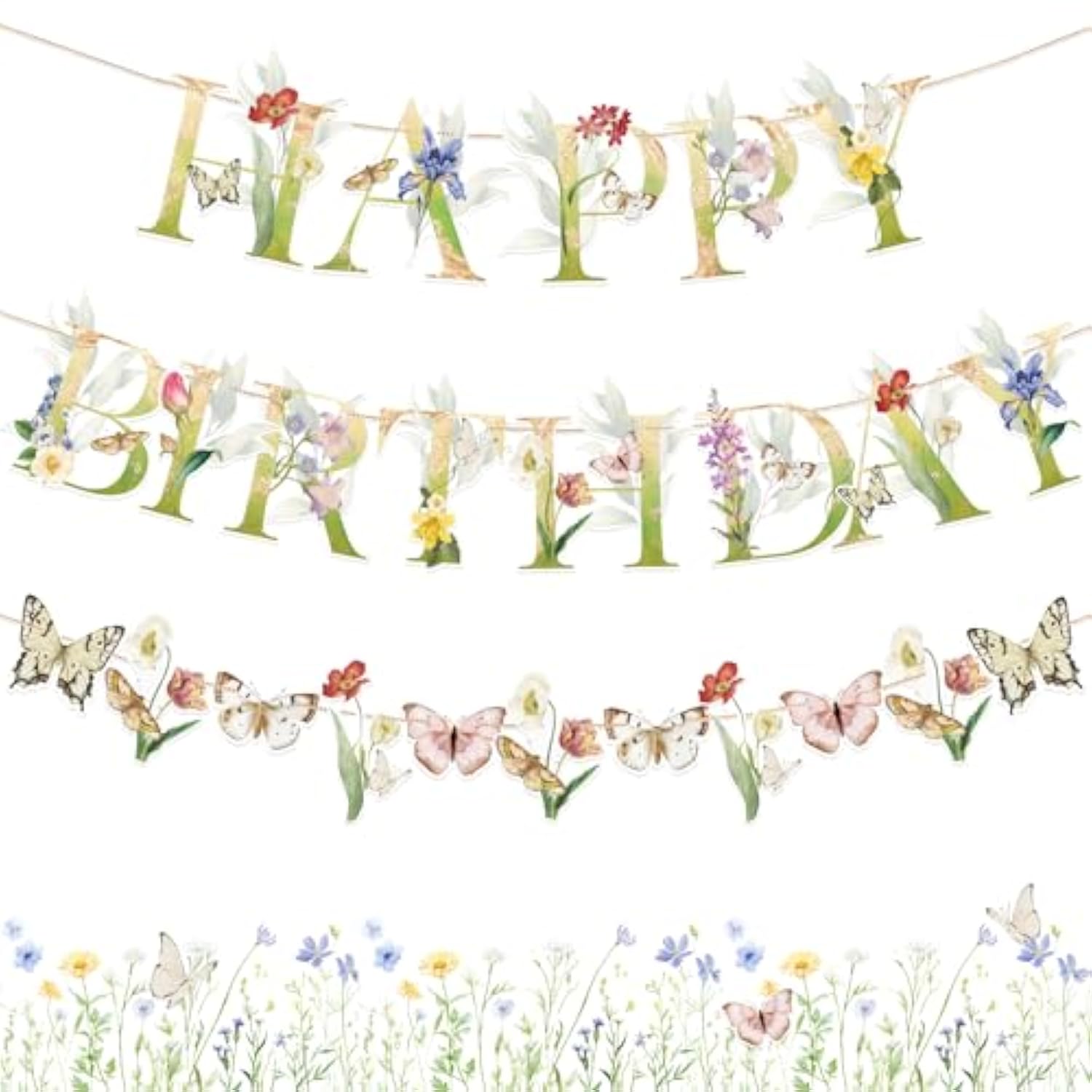 Wildflower Butterfly Happy Birthday Banner Garden Party Decoration Floral Birthday Decorations For Women Girl Spring Summer Birthday Baby Shower Supplies | Pre-Strung