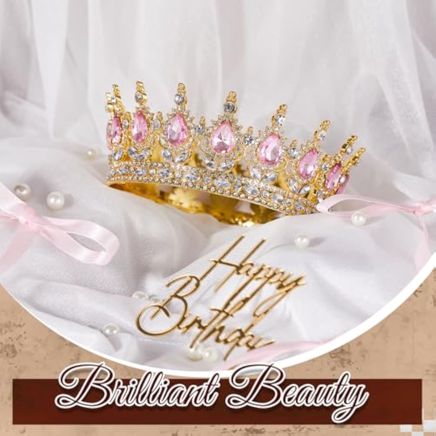 8 Pcs Queen Crown Cake Topper For Women, Happy Birthday Princess Tiaras Headband With Bow Tie Wedding Cake Decorations For Birthday Party Supplies(Gold And Pink)