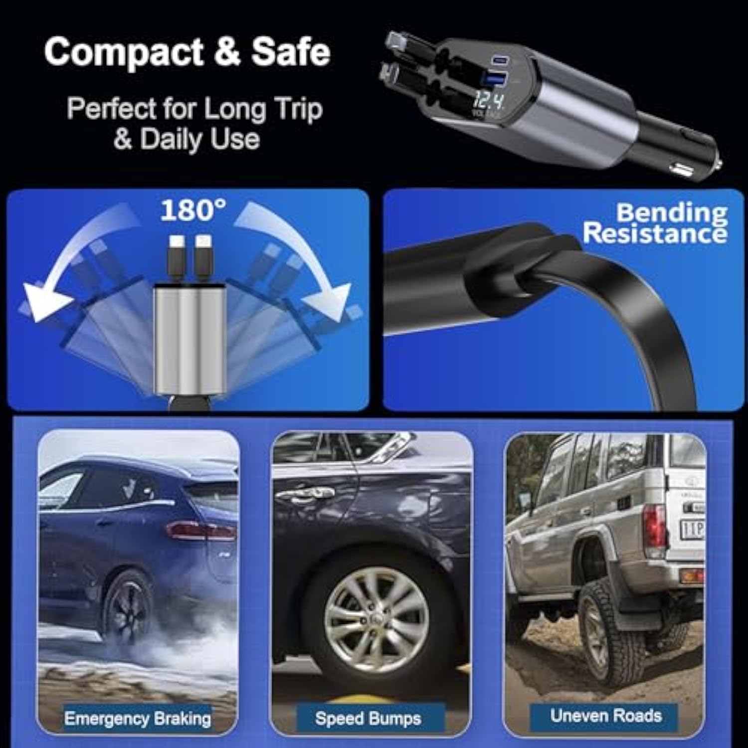 Retractable Car Charger, 4-In-1 Fast Car Phone Charger With 2.6Ft Two Retractable Cables Usb C+Usb A, Dual Charging Port With Voltmeter For Iphone 16/15/14/13, Samsung, Pixel