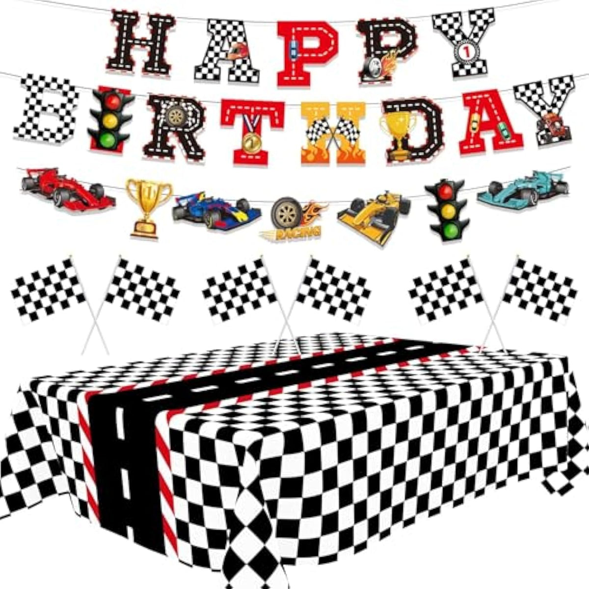 Race Car Party Decor Kit - Happy Birthday Banner, Tablecloths For Race Car Birthday Or Baby Shower - 54 X 108 Inch