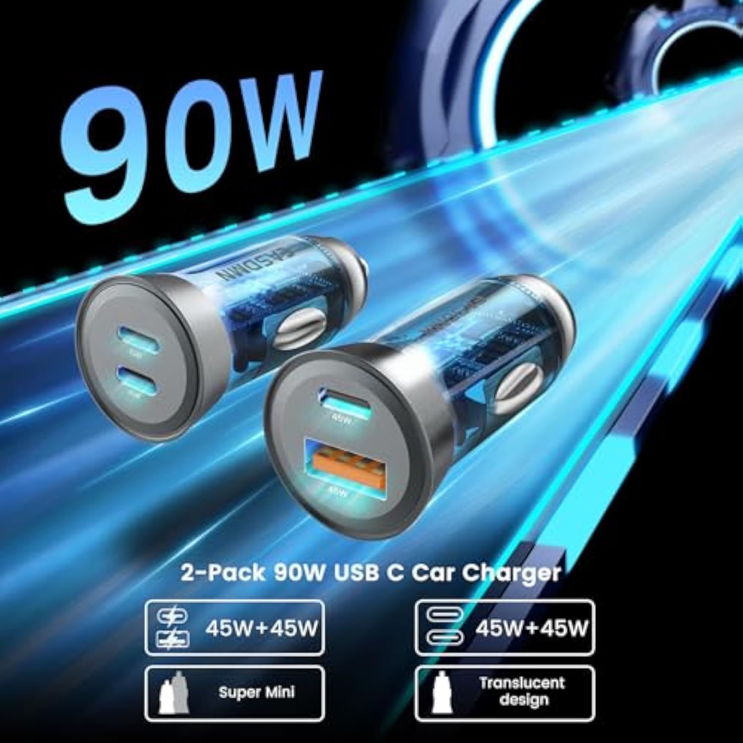 2-Pack 90W Usb C Super Fast Car Charger, Dual-Port [Pd/Pps 45W & Qc 45W] Car Cigarette Lighter Usb Charger Adaper For Samsung Galaxy S25 Ultra/S25+/S24 Ultra/S23+/S22,Note 20/10+,Tab S9/S8, Iphone 15…