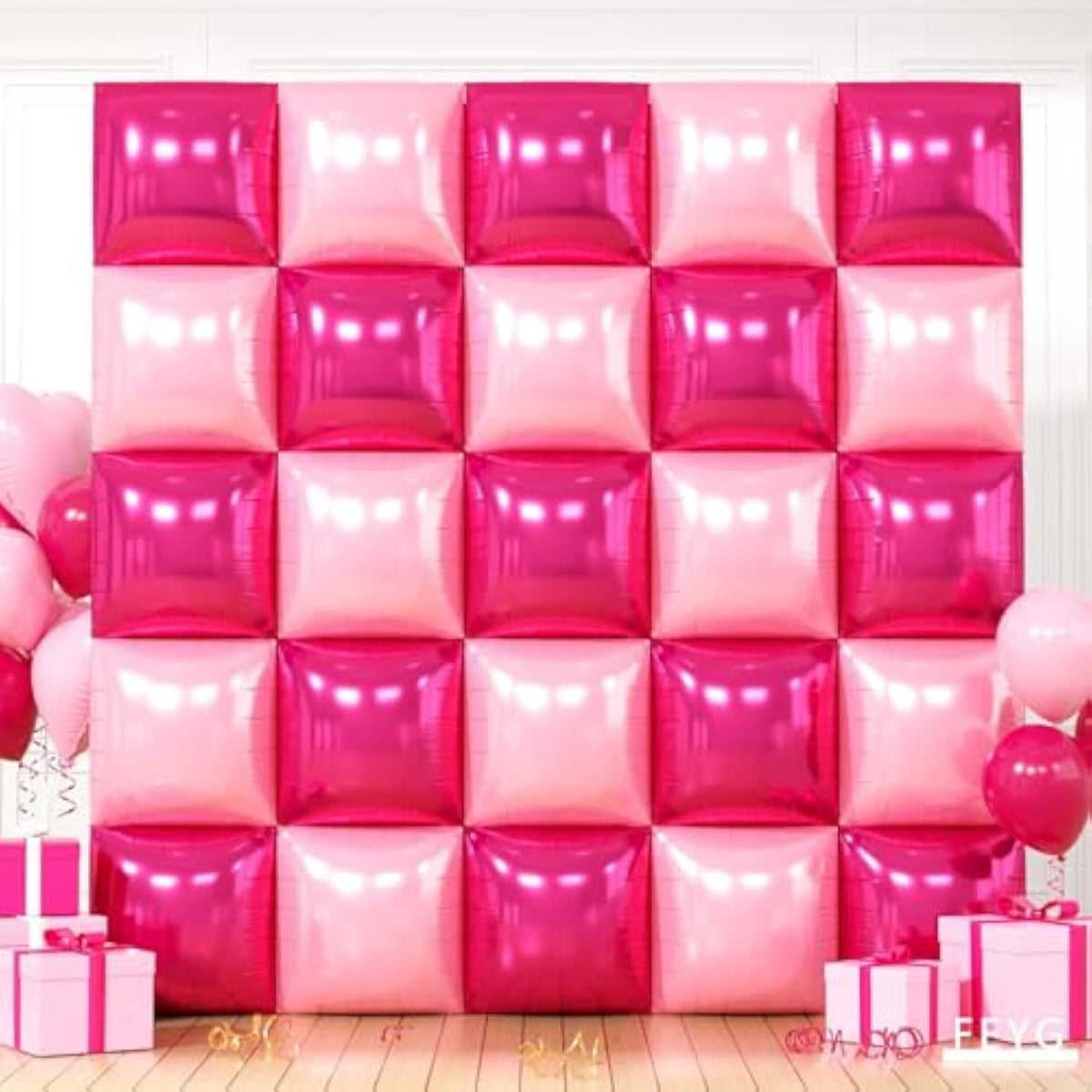 Hot Pink And Rose Double Sided Square Foil Balloons Wall,19 Inches Pink Metallic Foil Balloons Tunnel Arch Kit For Girls Bachelorette,Wedding,Anniversary,Birthday Party Background Decoration