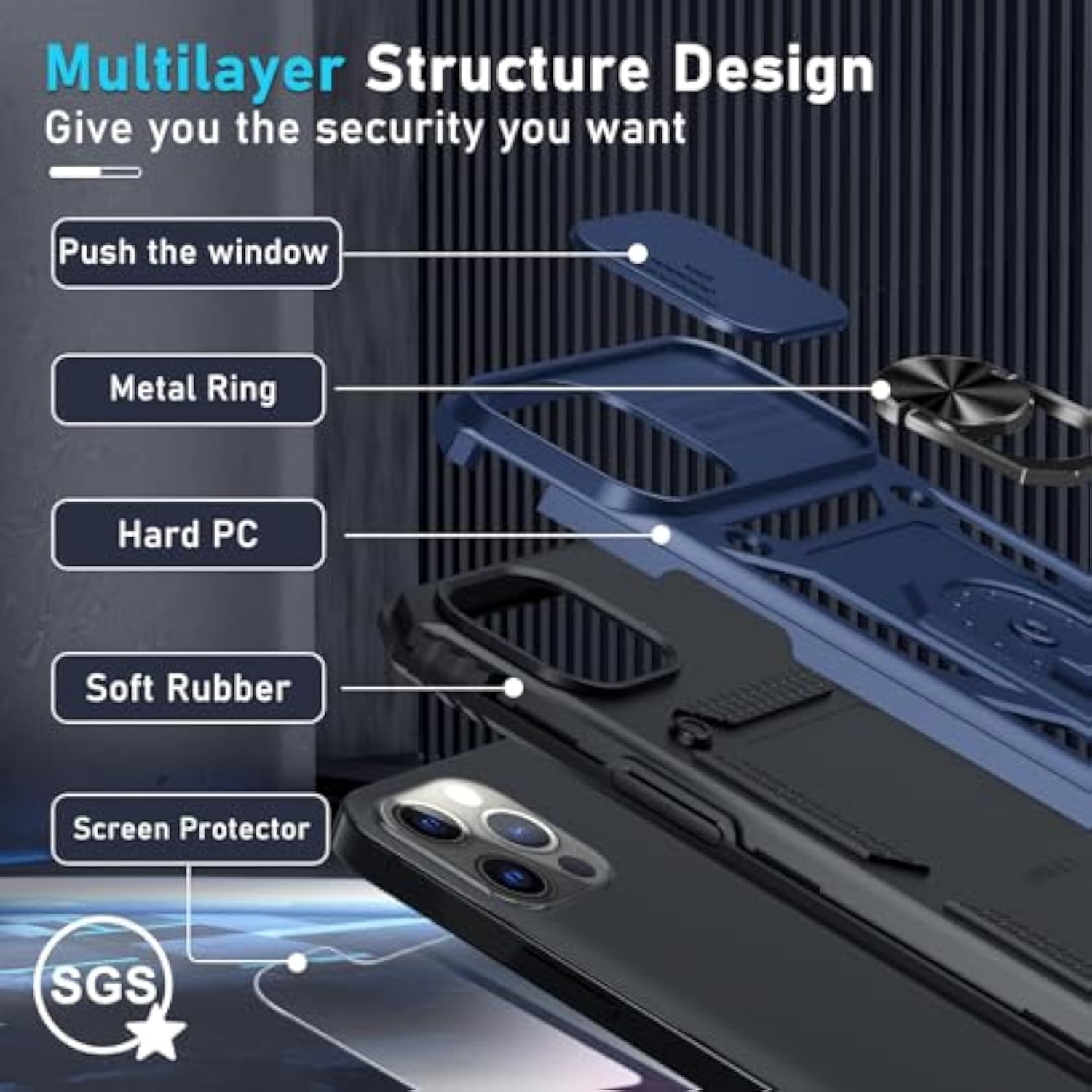 Case For Iphone 14 Pro Max Phone Cover Built In Slide Camera Lens Cover+Screen Protector,Heavy Duty Shockproof Full Body Phonecase With Finger Ring Holder Kickstand,Blue