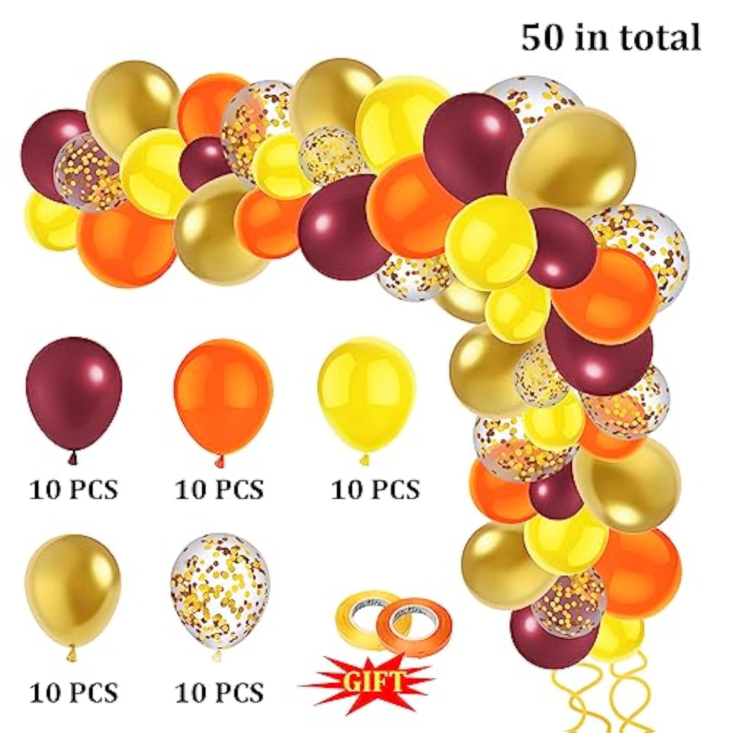 Fall Balloons 50Pcs 12Inch Burgundy Orange Yellow Gold Confetti Balloons for Autumn Party Decor