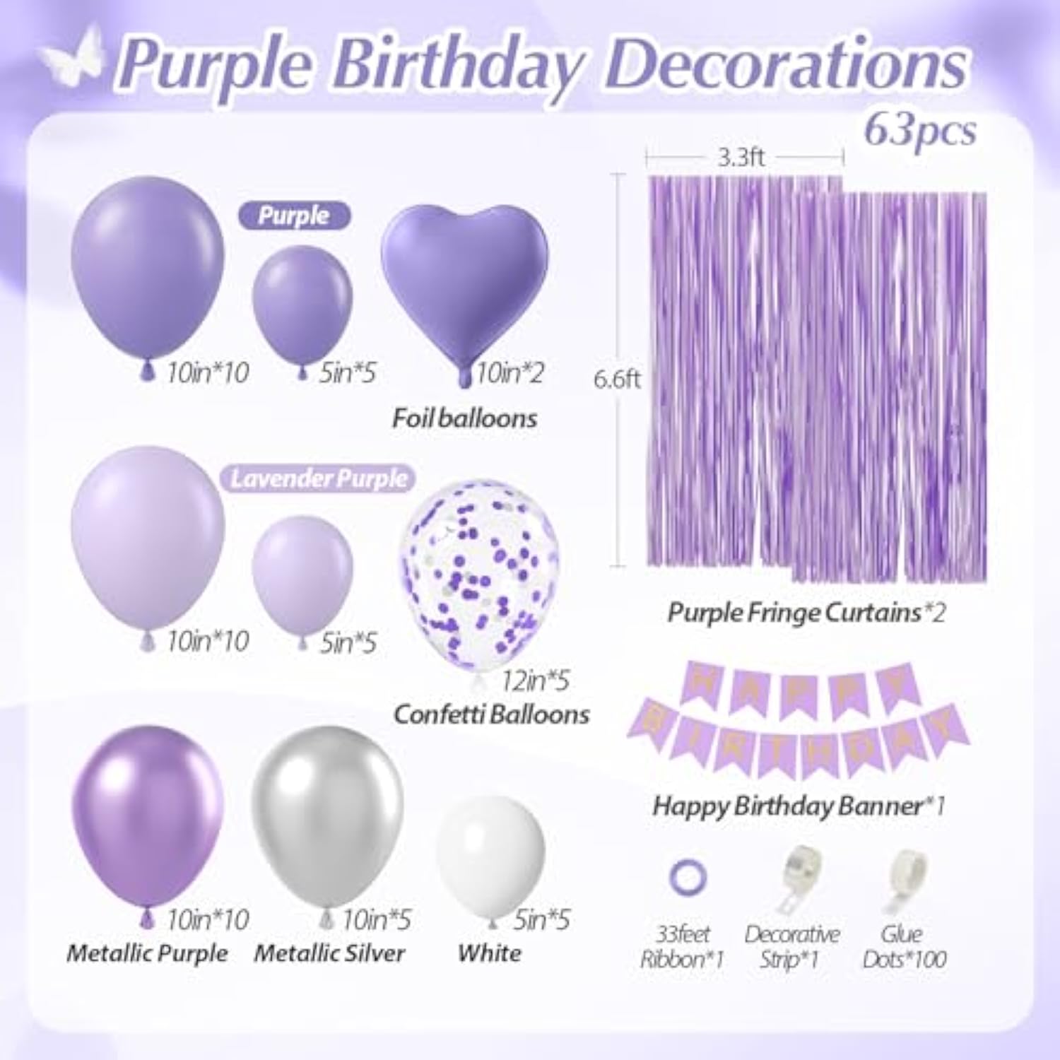 Metallic Silver White Lavender Purple Balloons, Happy Birthday Banner, Cake Topper, Fringe Curtains For Lavender Decorations