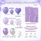 Metallic Silver White Lavender Purple Balloons, Happy Birthday Banner, Cake Topper, Fringe Curtains For Lavender Decorations