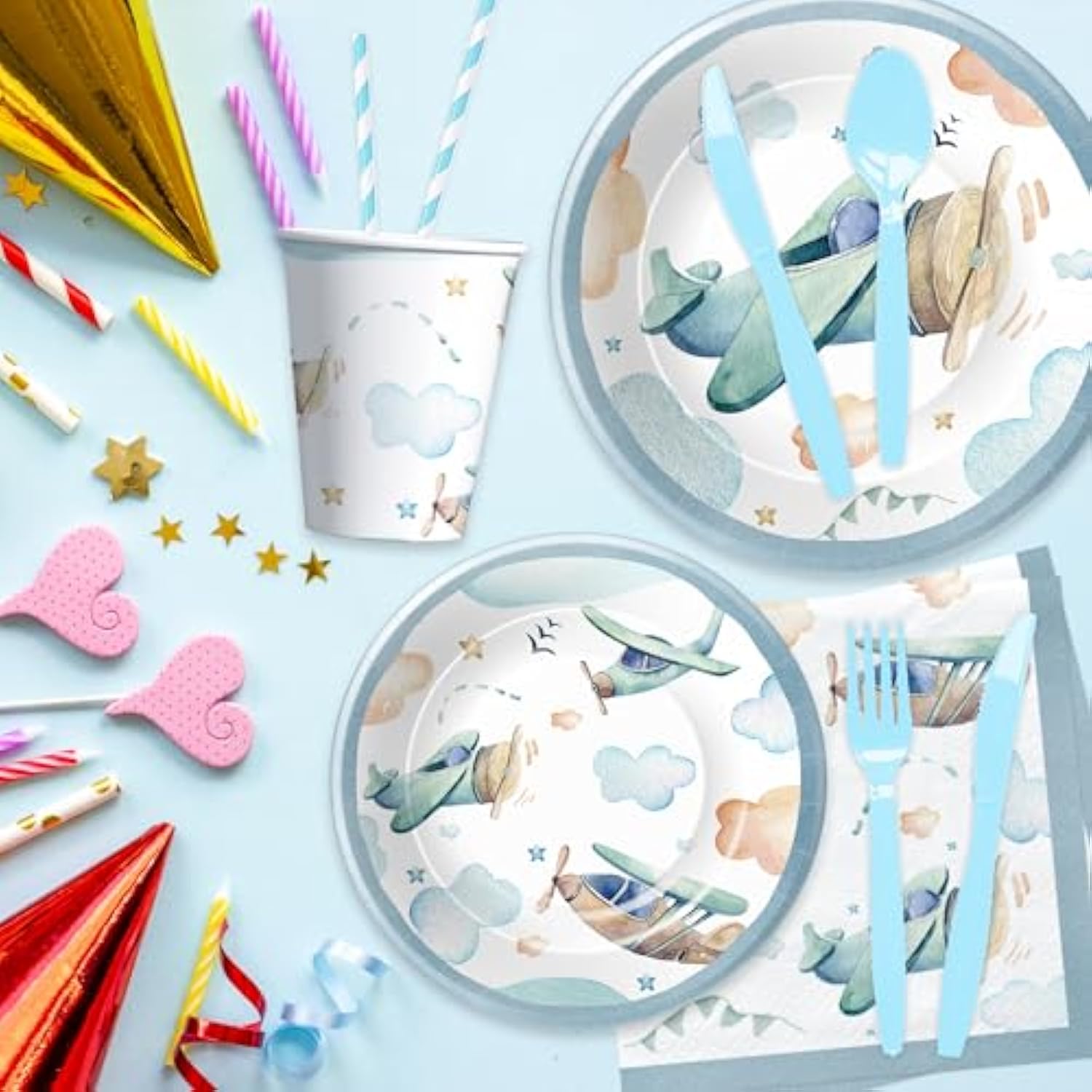 194-Pc Airplane Party Tableware Set - Plates, Cups & More for 24 Guests