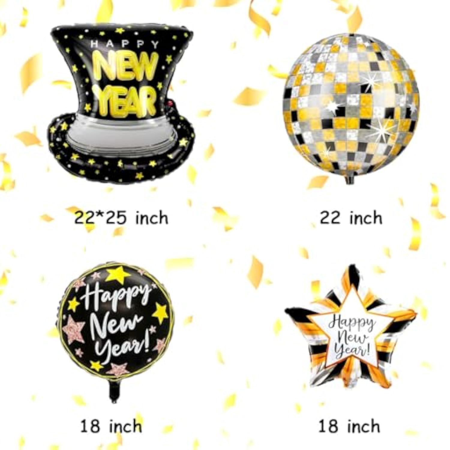 7 Pcs Black Gold 22 Inch Disco Ball Happy New Year 2026 Balloons