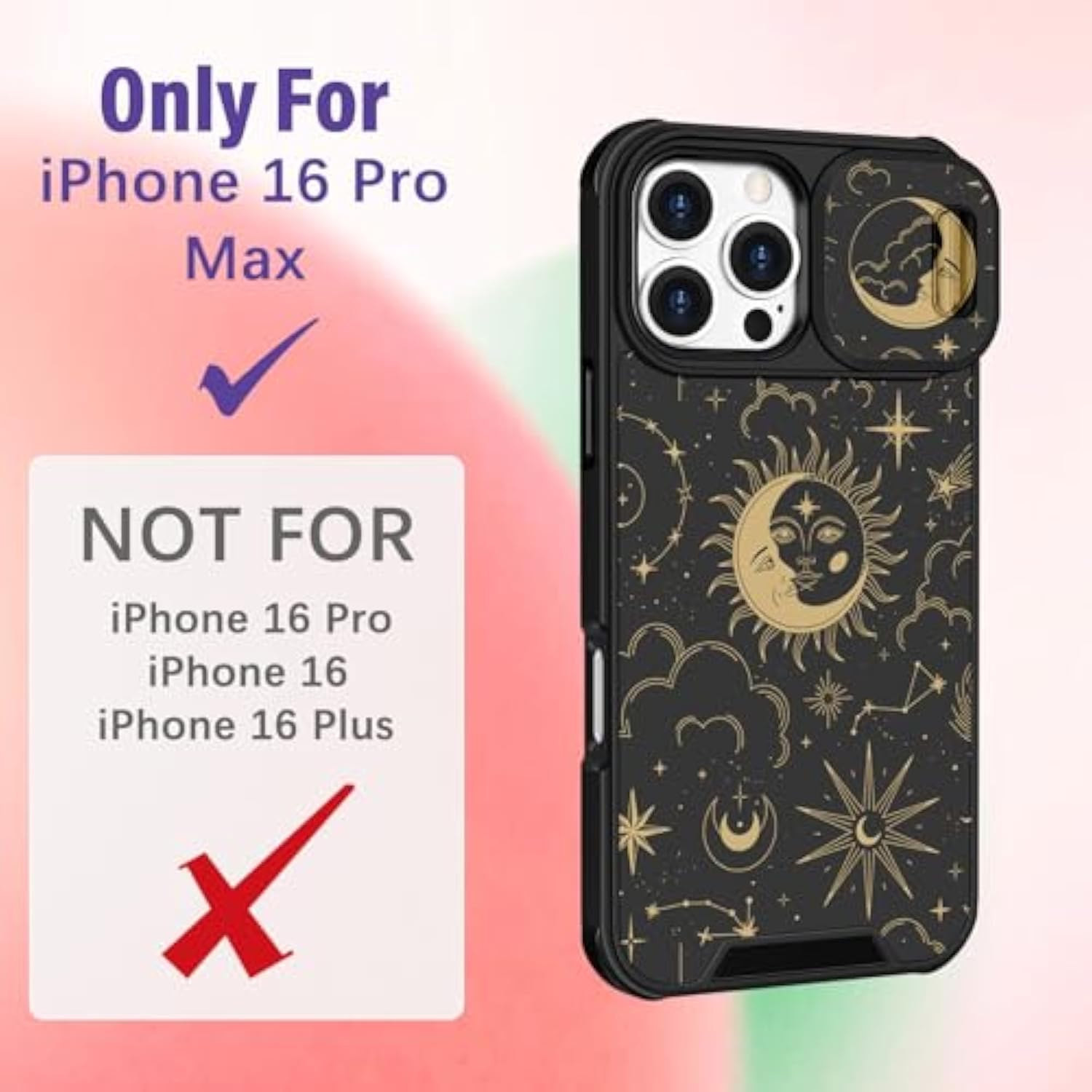 For Iphone 16 Pro Max Case - Women Girls Cute Phone Cover Girly Pretty Aesthetic Stars Sun Moon Unique Design With Camera Cover And Ring Stand Funda For Apple 16 Pro Max