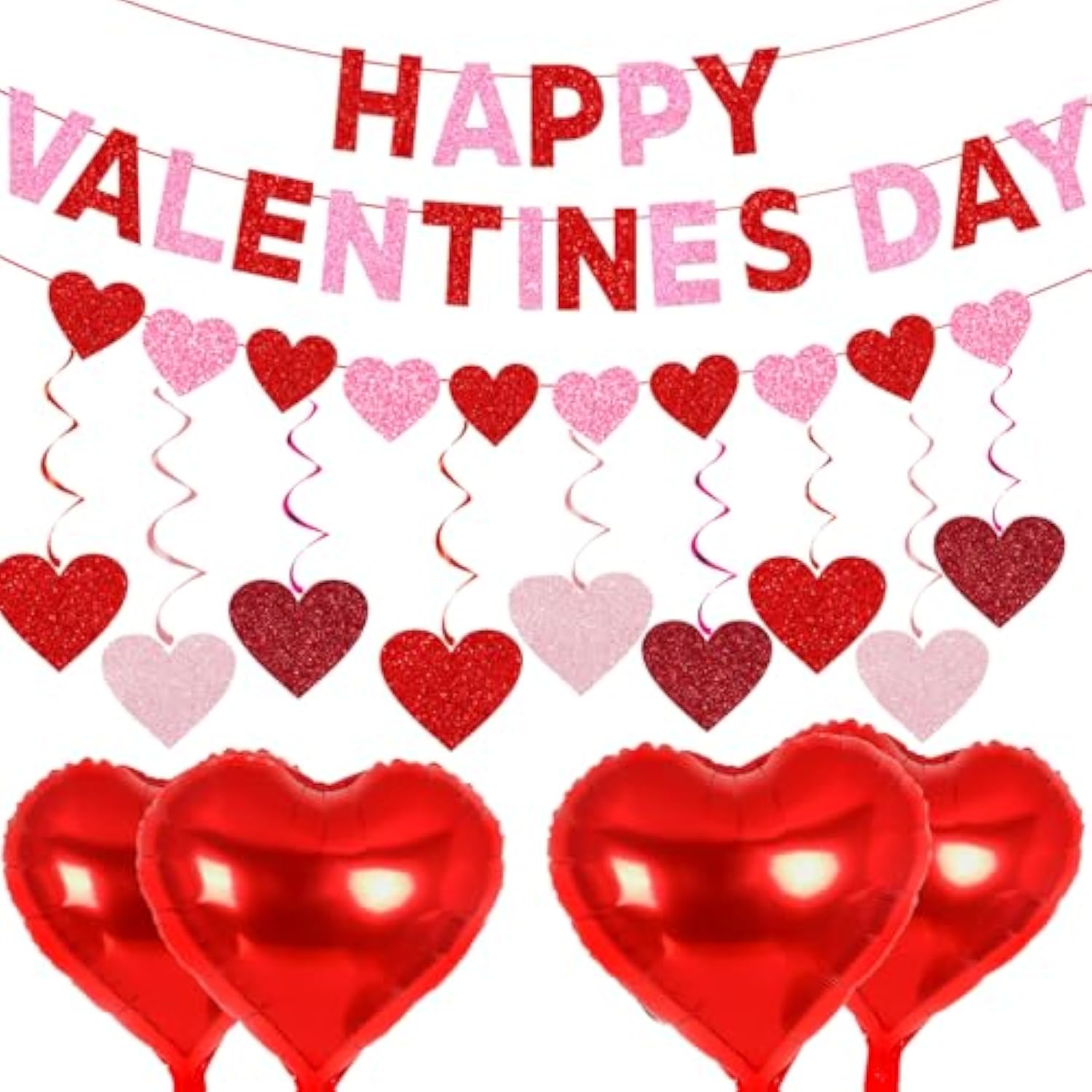Glitter Happy Valentines Day Banner Party Decorations,With Shiny Heart Banner & Red Pink Heart Swirls Balloons Set,For Home Indoor Valentines Day Party Decor Supplies