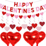 Glitter Happy Valentines Day Banner Party Decorations,With Shiny Heart Banner & Red Pink Heart Swirls Balloons Set,For Home Indoor Valentines Day Party Decor Supplies