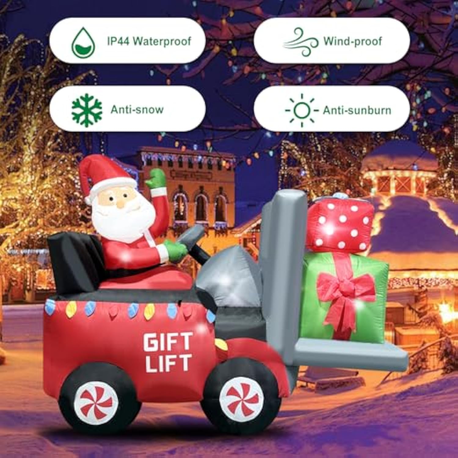 Christmas Inflatable 6.8 Length Santa Driving Gift Lift Car With Two Gift Boxes Blow Up Decoration For Xmas, Holiday Par