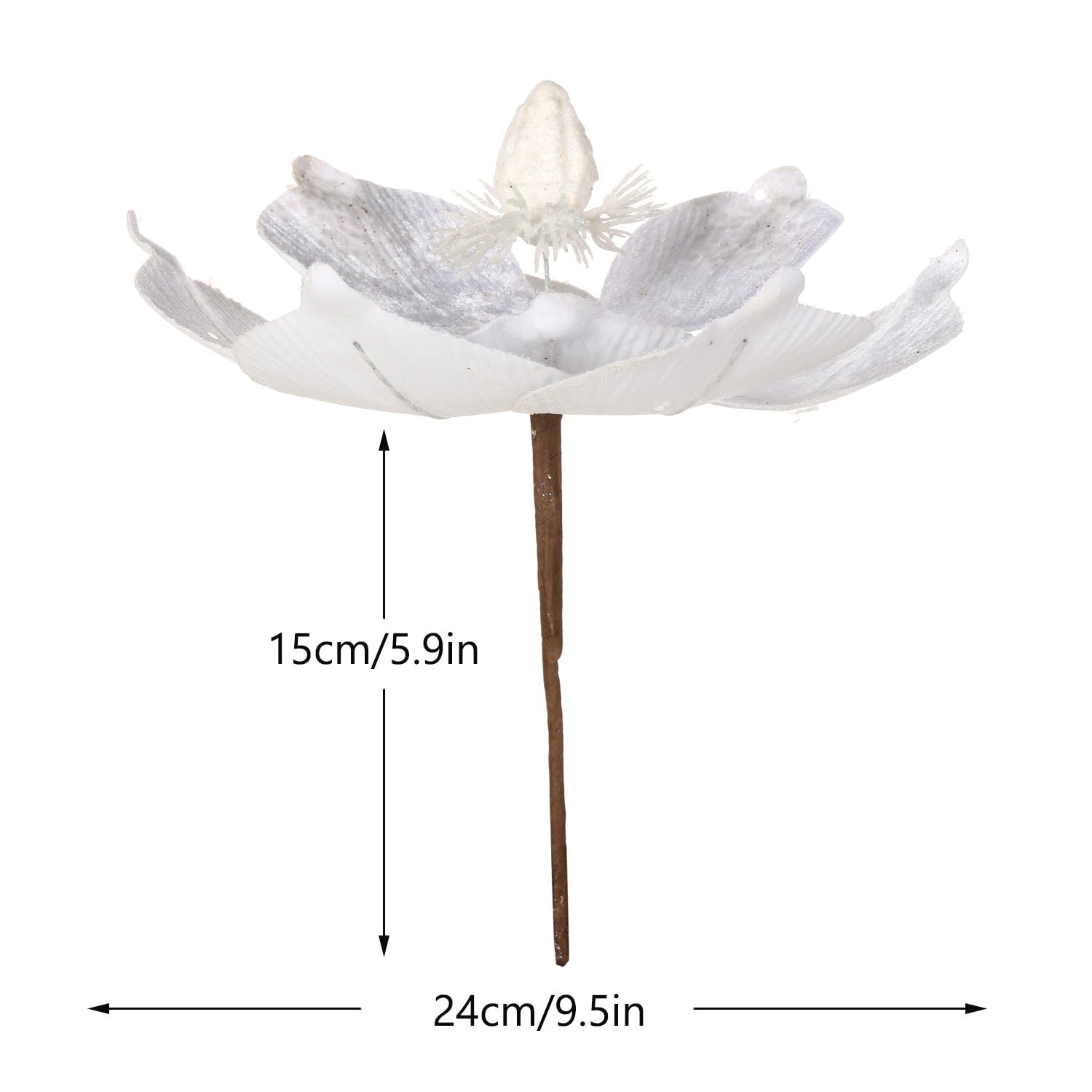 10’’ Large Glitter Christmas Flowers 6 Pcs Artificial Magnolia Flower Velvet Fold Christmas Tree Flower Decorations Xmas Tree New Year Party Wedding Ornaments (White)