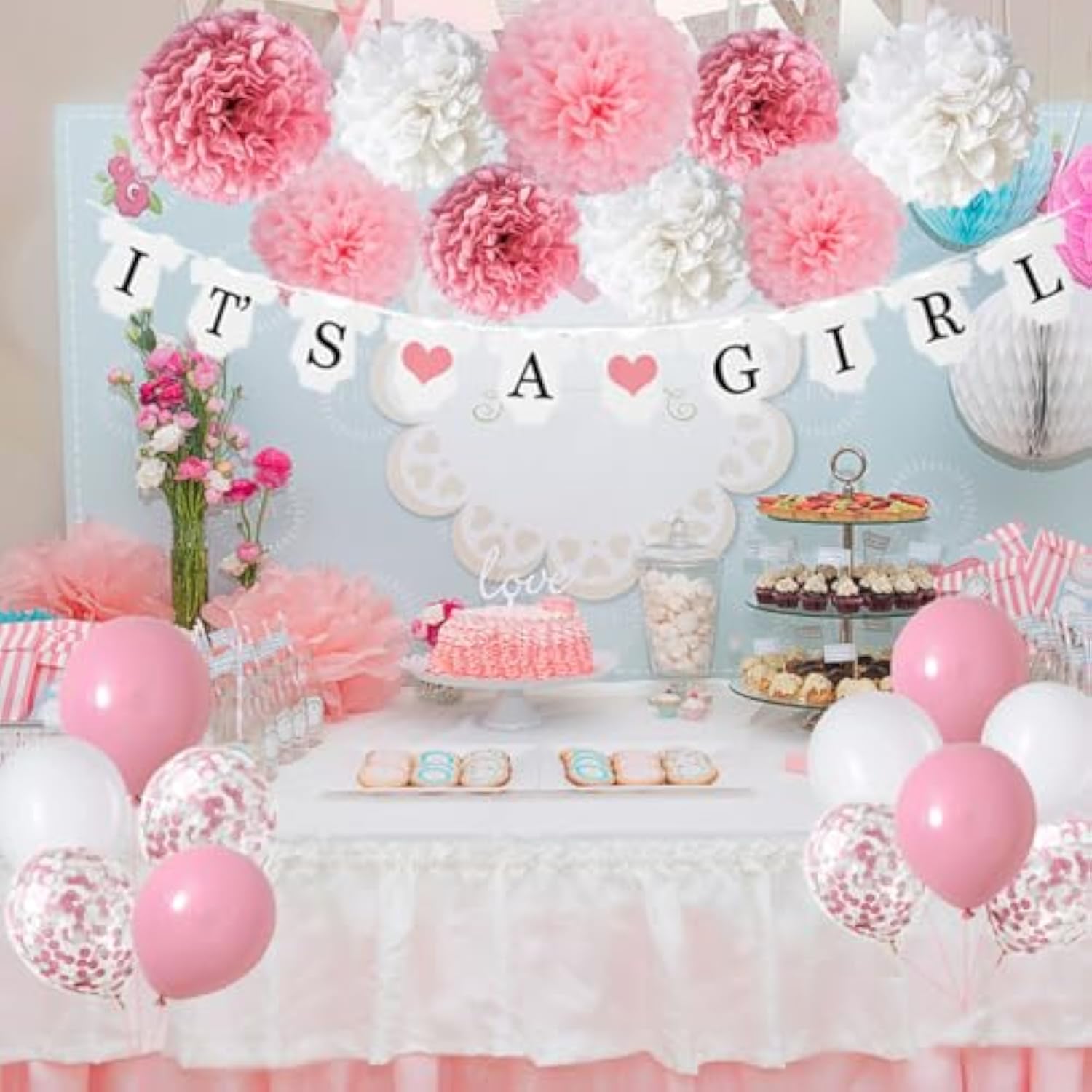 "It's A Girl" Baby Shower Decorations Banner & Paper Pom Poms for Girl Party Decor