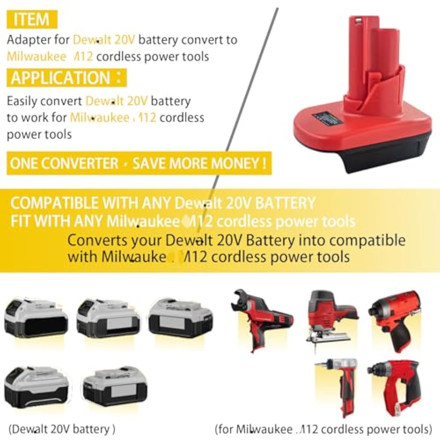 For Dewalt&For Milwaukee 18V Battery To For Milwaukee 12V Tool Adapter,Replacement For M-12 Battery 48-11-2410 48-11-2411 48-11-2420 Compatible With M-12 Cordless Power Tools