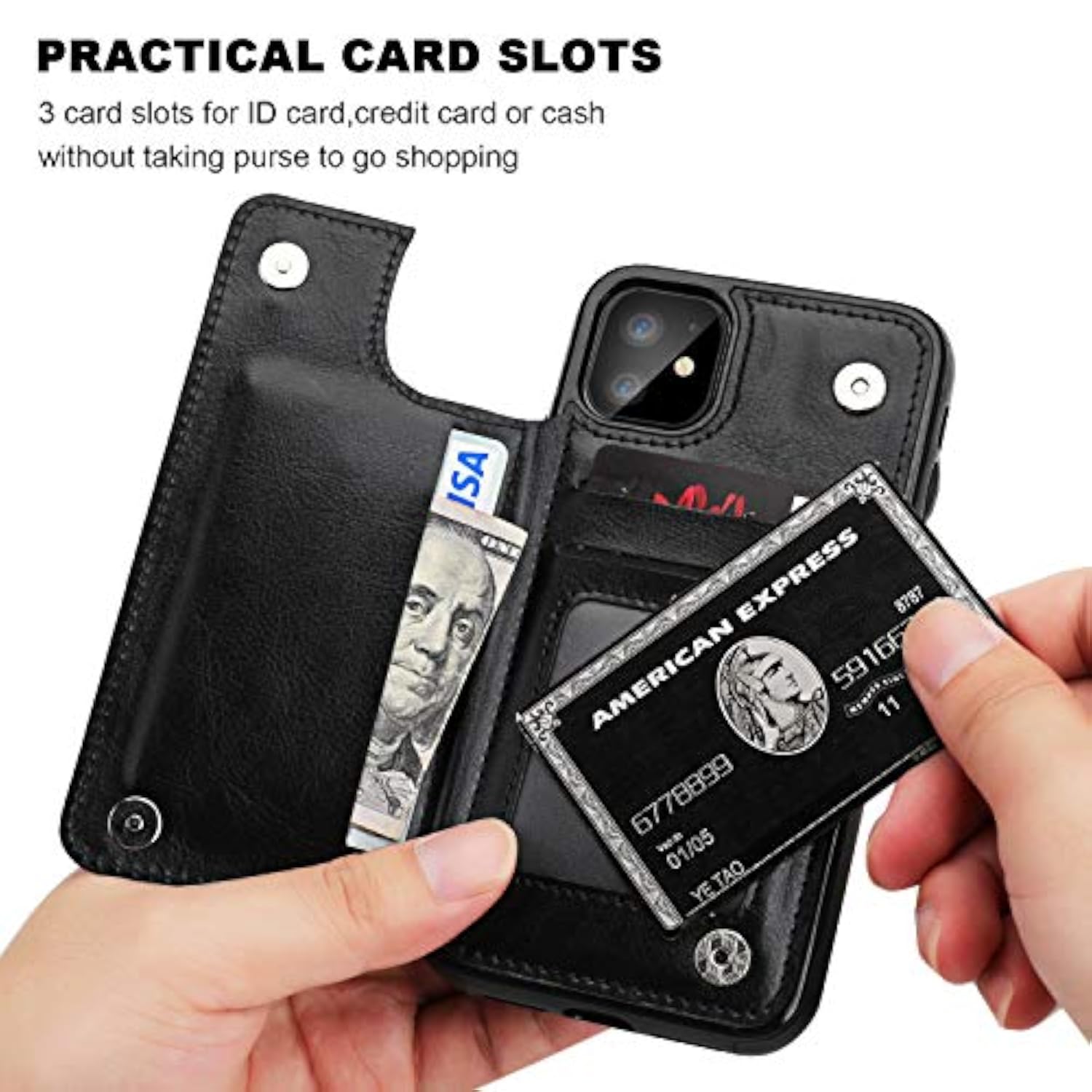 iPhone 11 Wallet Case with Credit Card Holder, Black - Faux Leather Design