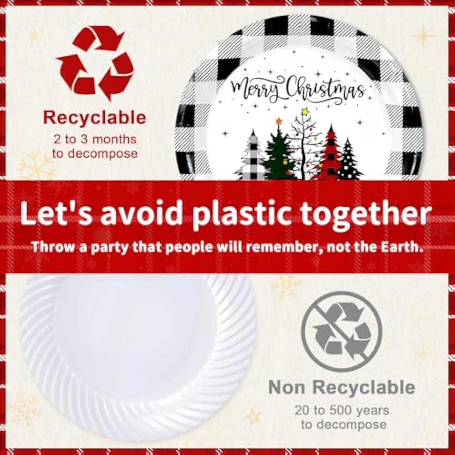 50 Christmas Paper Plates Disposable Set Includes 25-9" & 25-7" Xmas Buffalo Plaid Dessert Dinner Plates For Party Supplies(Black,White,Plaid)