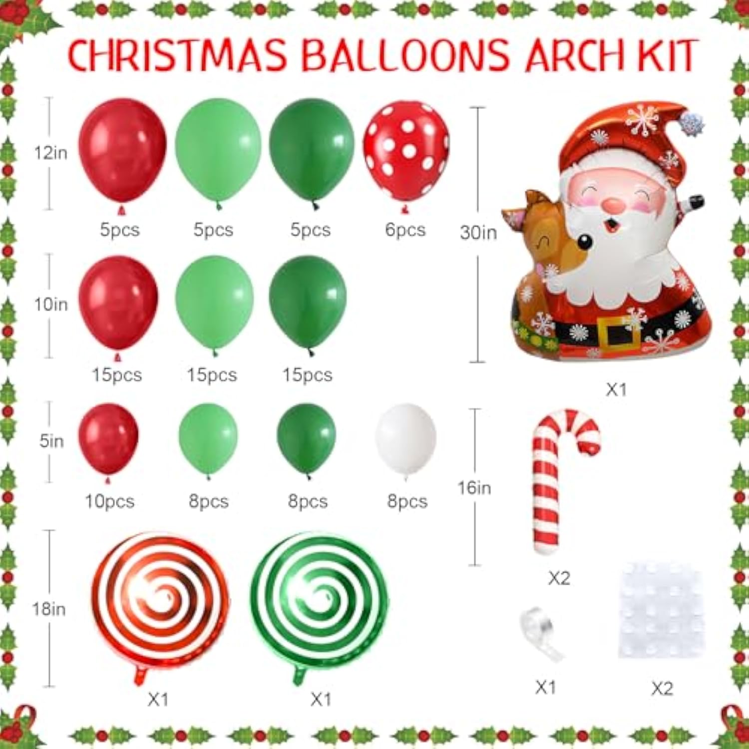Christmas Balloon Arch Kit, Christmas Garland Arch With Dark Green Red White Spots Xmas Latex Balloons, Large Santa Claus Candy Cane Foil Balloon For New Year Holiday Xmas Party Decor