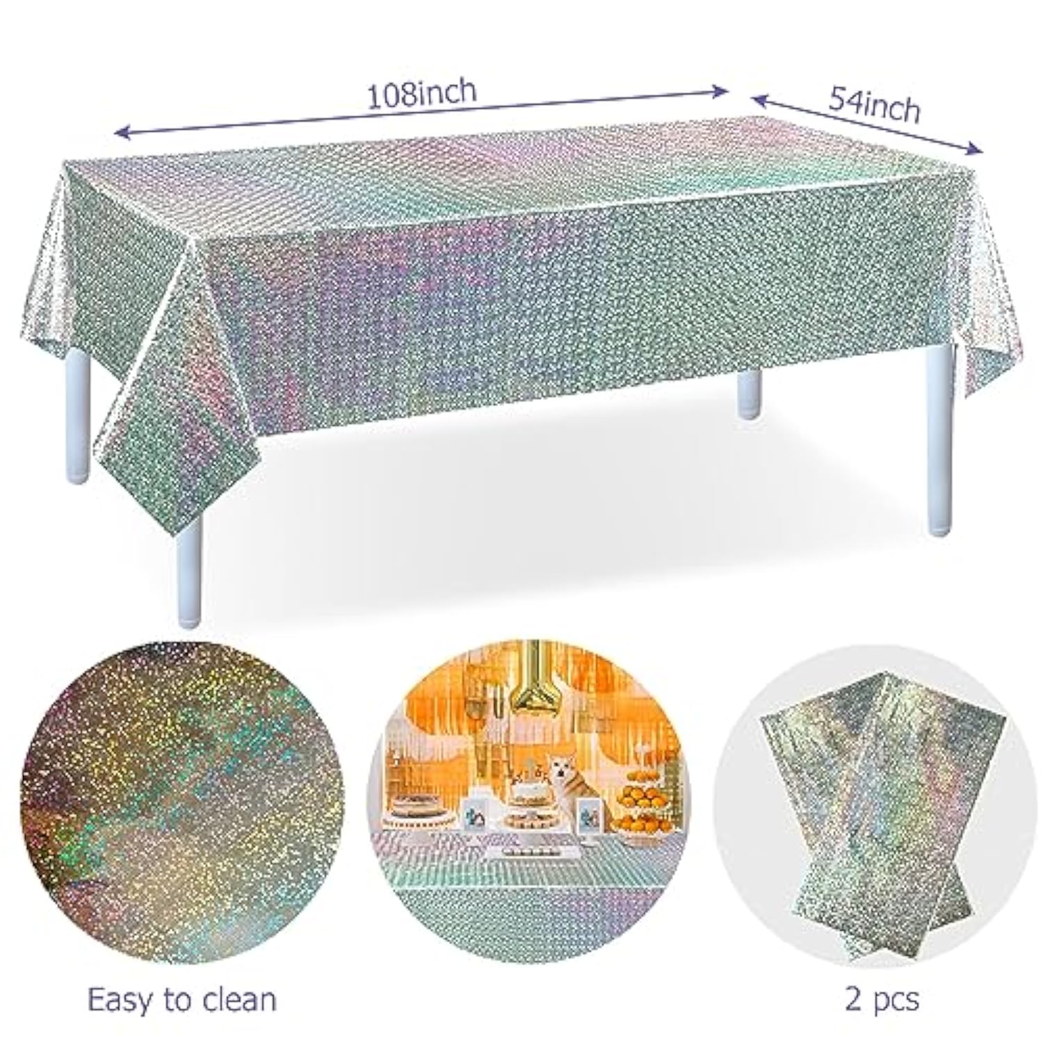 Silver Tablecloth Cover For Party Iridescent Plastic Tablecloths Disposable Laser Rectangle Table Covers Foil Tablecloth Party New Year Birthday Bridal Wedding Decoration (Silver, 2)